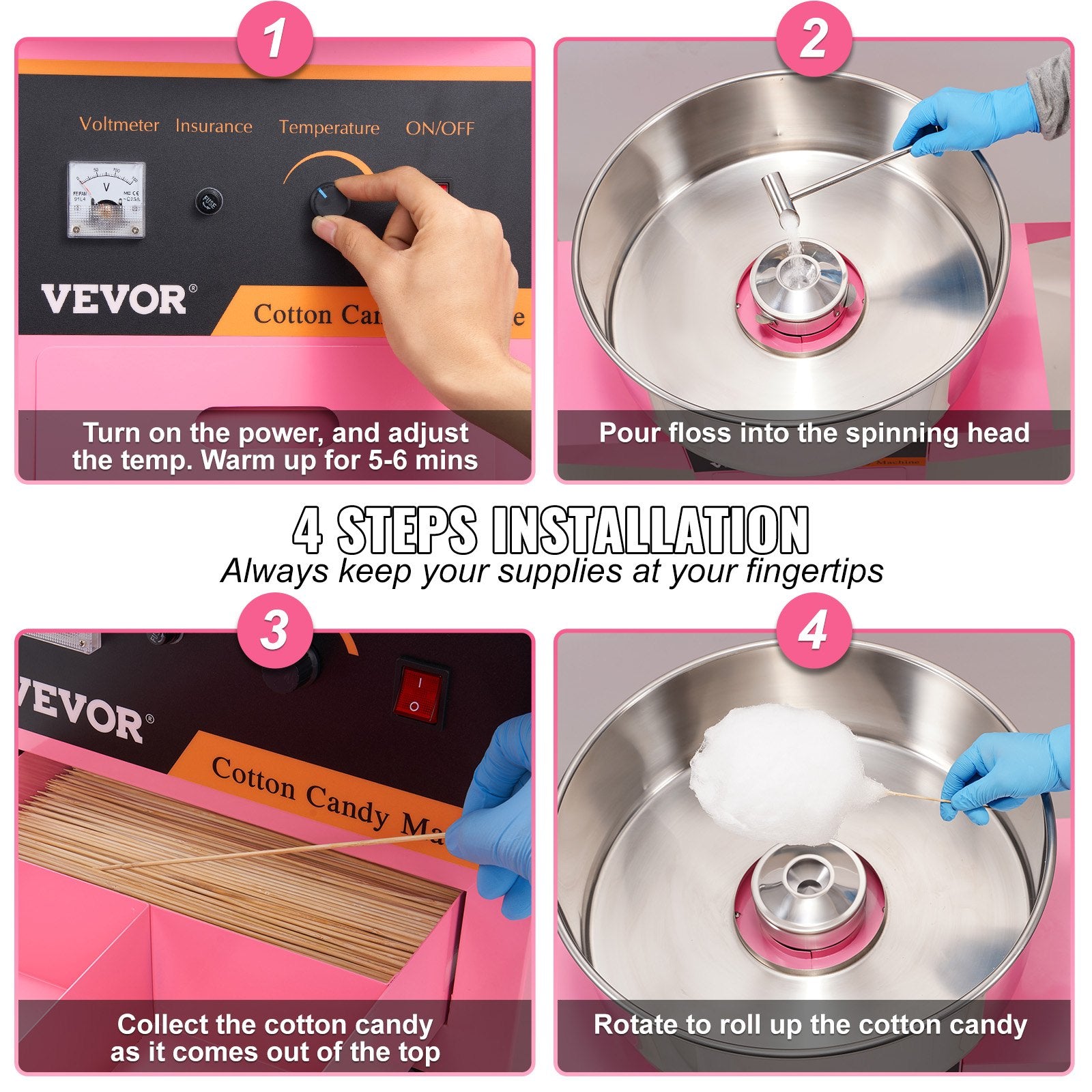 Electric Cotton Candy Machine with Cart, 1000W Commercial Floss Maker with Stainless Steel Bowl, Sugar Scoop and Drawer, Perfect for Home, Kids Birthday, Family Party, Pink