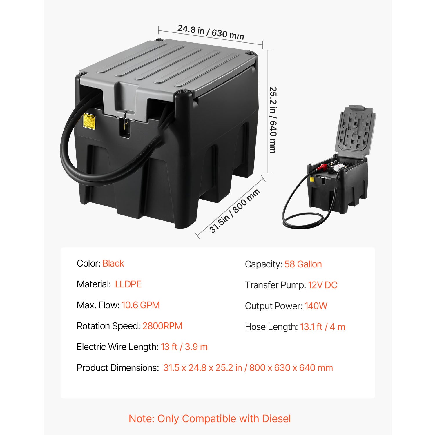 Portable Diesel Tank 58 Gal Diesel Fuel Tank with 12V Transfer Pump 10 GPM Black
