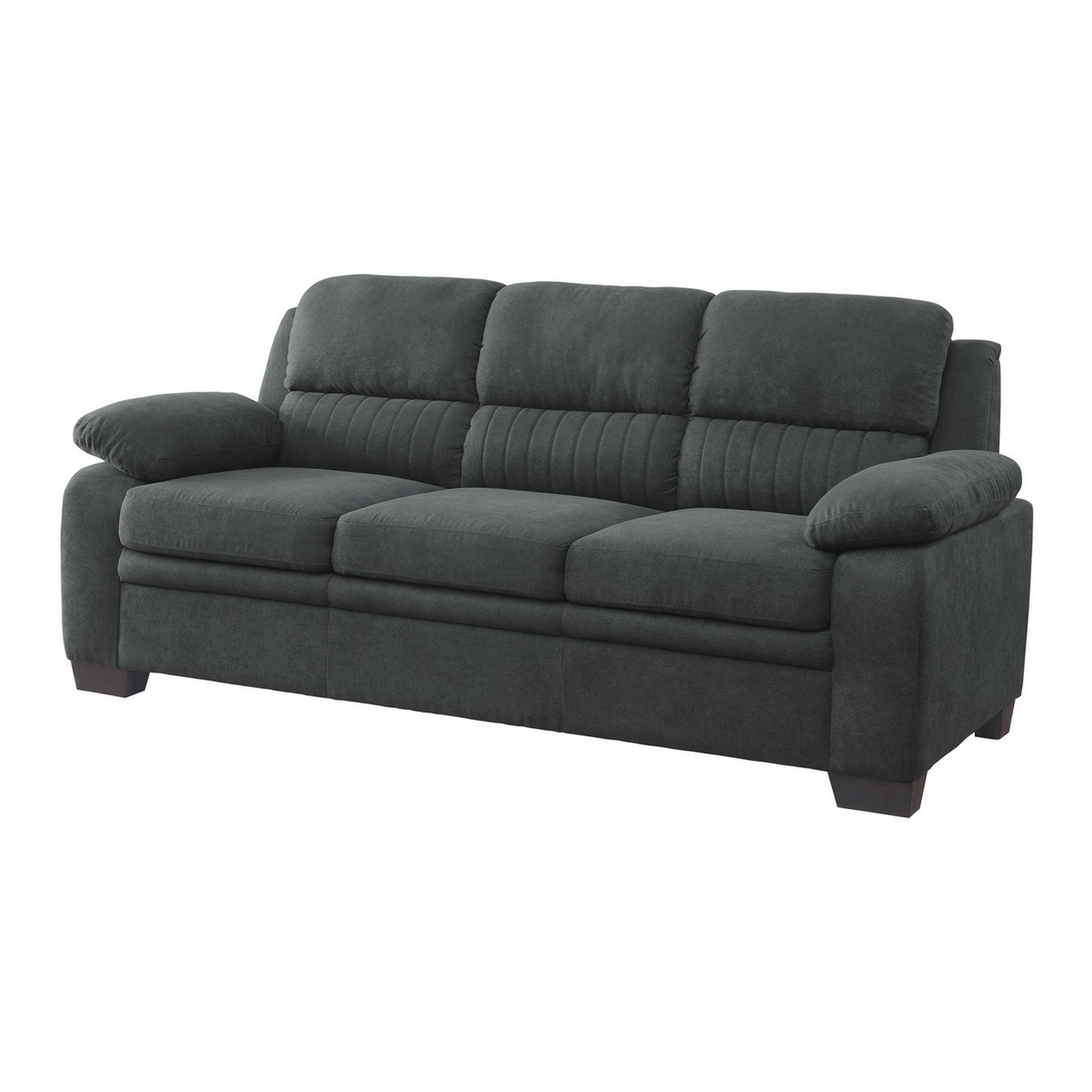 Hugh 80 Inch Sofa, Dark Gray Polyester, Soft Foam Cushioned, Solid Wood
