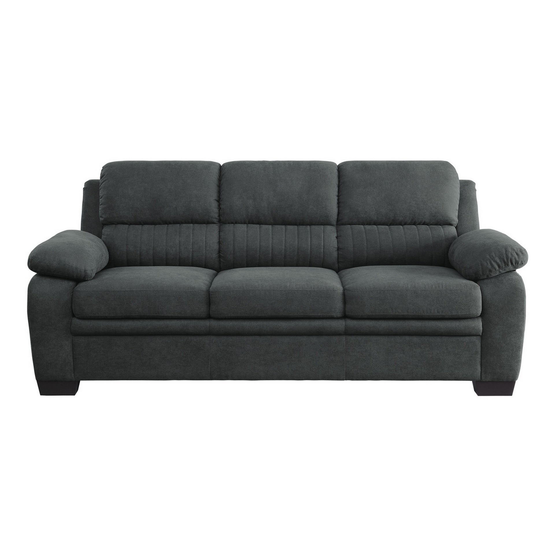 Hugh 80 Inch Sofa, Dark Gray Polyester, Soft Foam Cushioned, Solid Wood