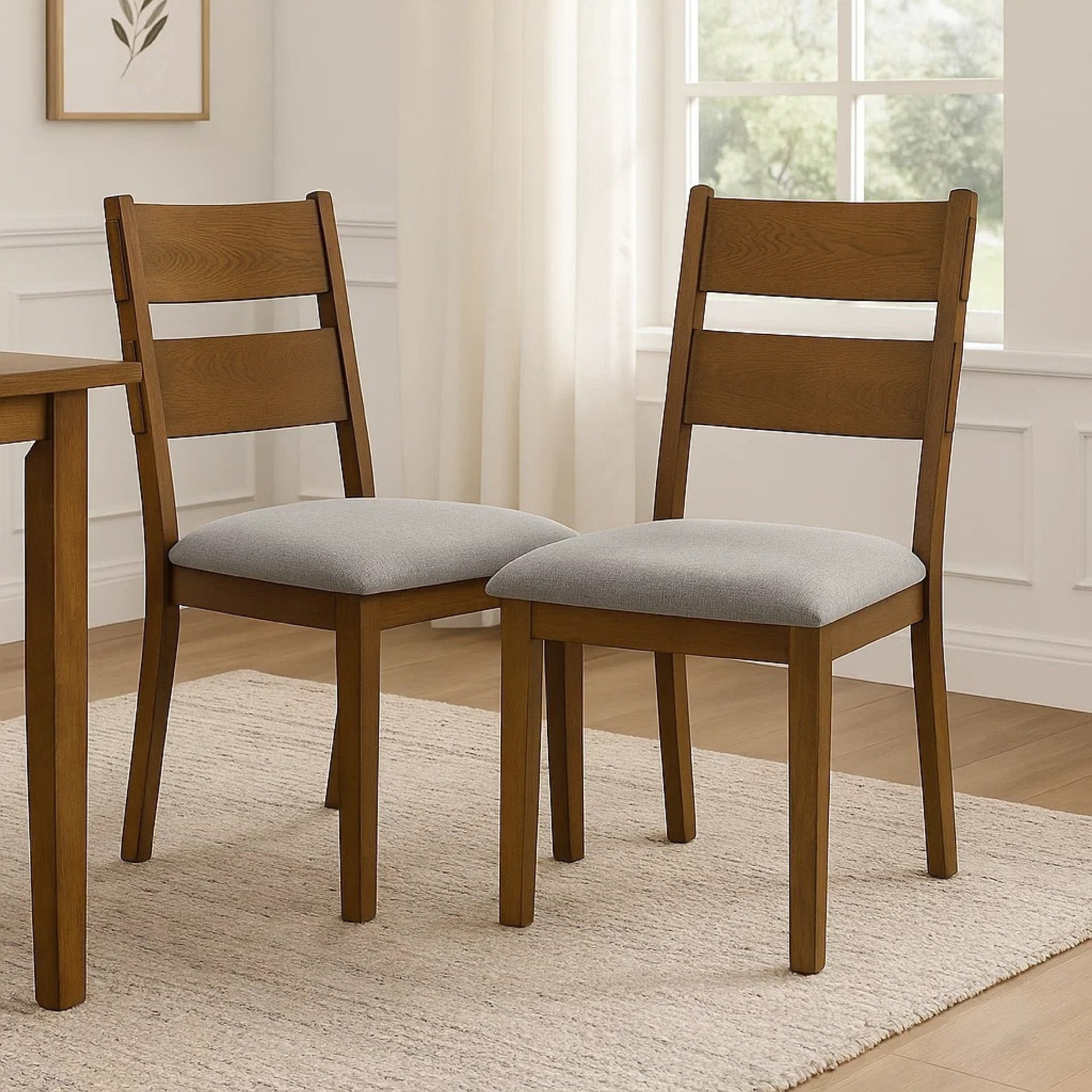 Lyoi Dining Chair Set of 2, Gray Padded Fabric Seat, Brown Wood Legs