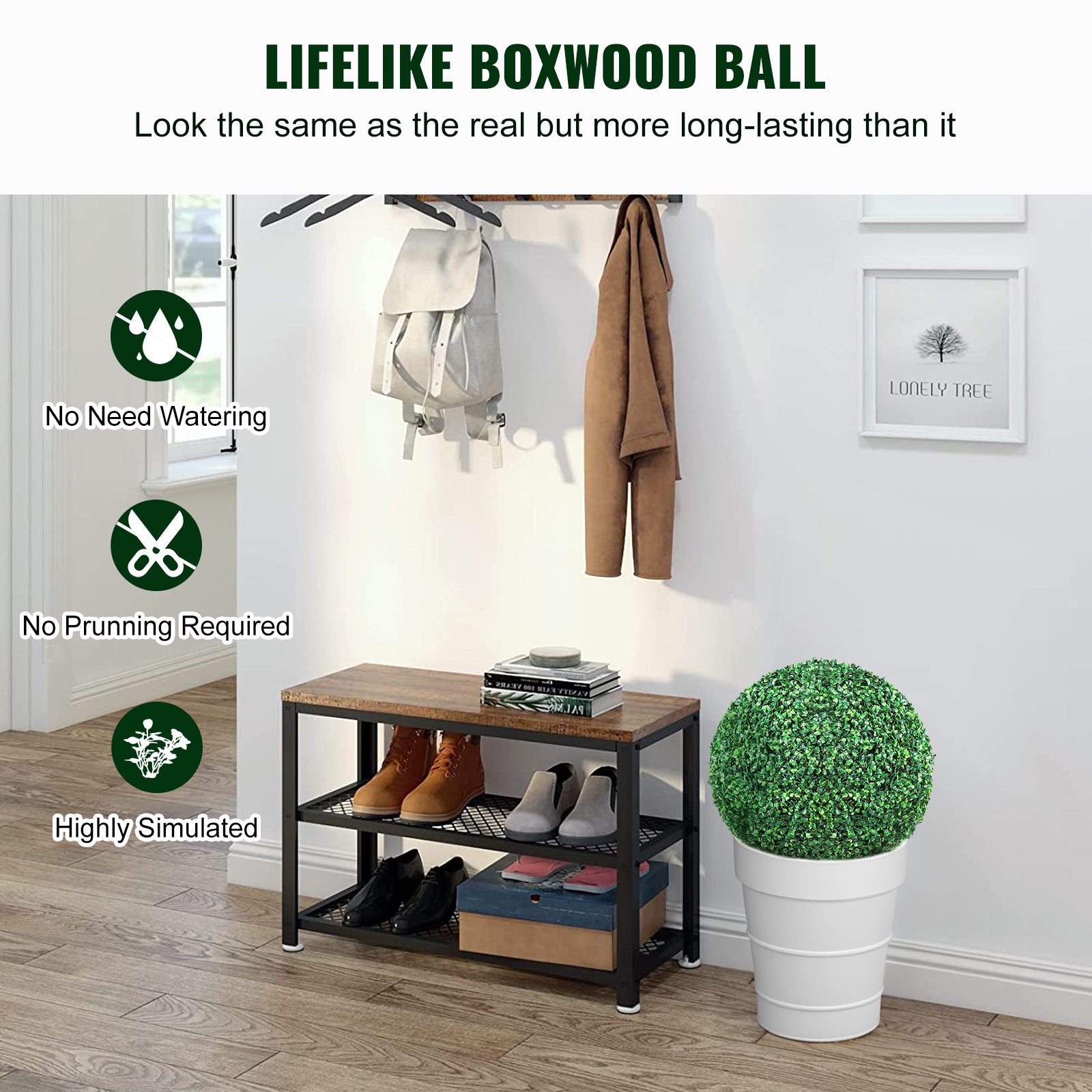 Artificial Topiary Boxwood Trees, 16 Inches Tall (Set of 2), Ball-Shaped Faux Topiary Plants, Year-Round Green Artificial Decorative Balls for Backyard, Balcony, Garden, Wedding, and Home Décor