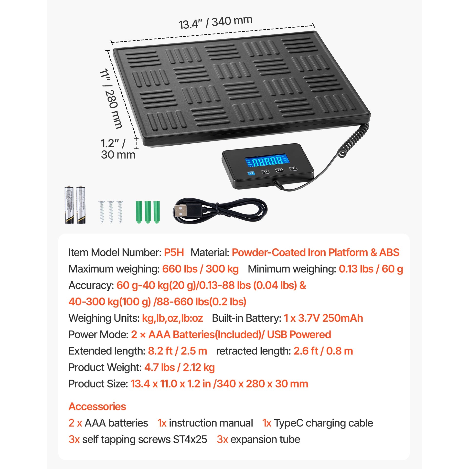 Digital Postal Scale, 0.7 oz/3.5 oz Dual Accuracy, 660 lbs Commercial Weight Scale with Hold/Tare Function & LCD Display, Fit for Packages, Postage, Luggage, Battery & Charging Cable Included