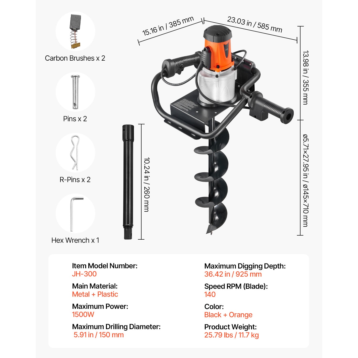 Electric Post Hole Digger 1500W Powerful Motor with 5.71 in Auger Bit
