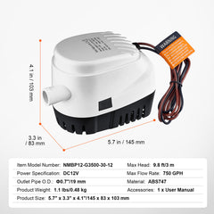 Bilge Pump, 750GPH 12V Automatic Submersible Boat Bilge Water Pump with Float Switch, 0.7" Outlet Diameter, Small Boat Bilge Pump, Marine Electric Bilge Pump for Boats, Ponds, Pools, Basements