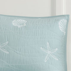 4 Piece Cotton Reversible Embroidered Quilt Set with Throw Pillow Aqua King/Cal King