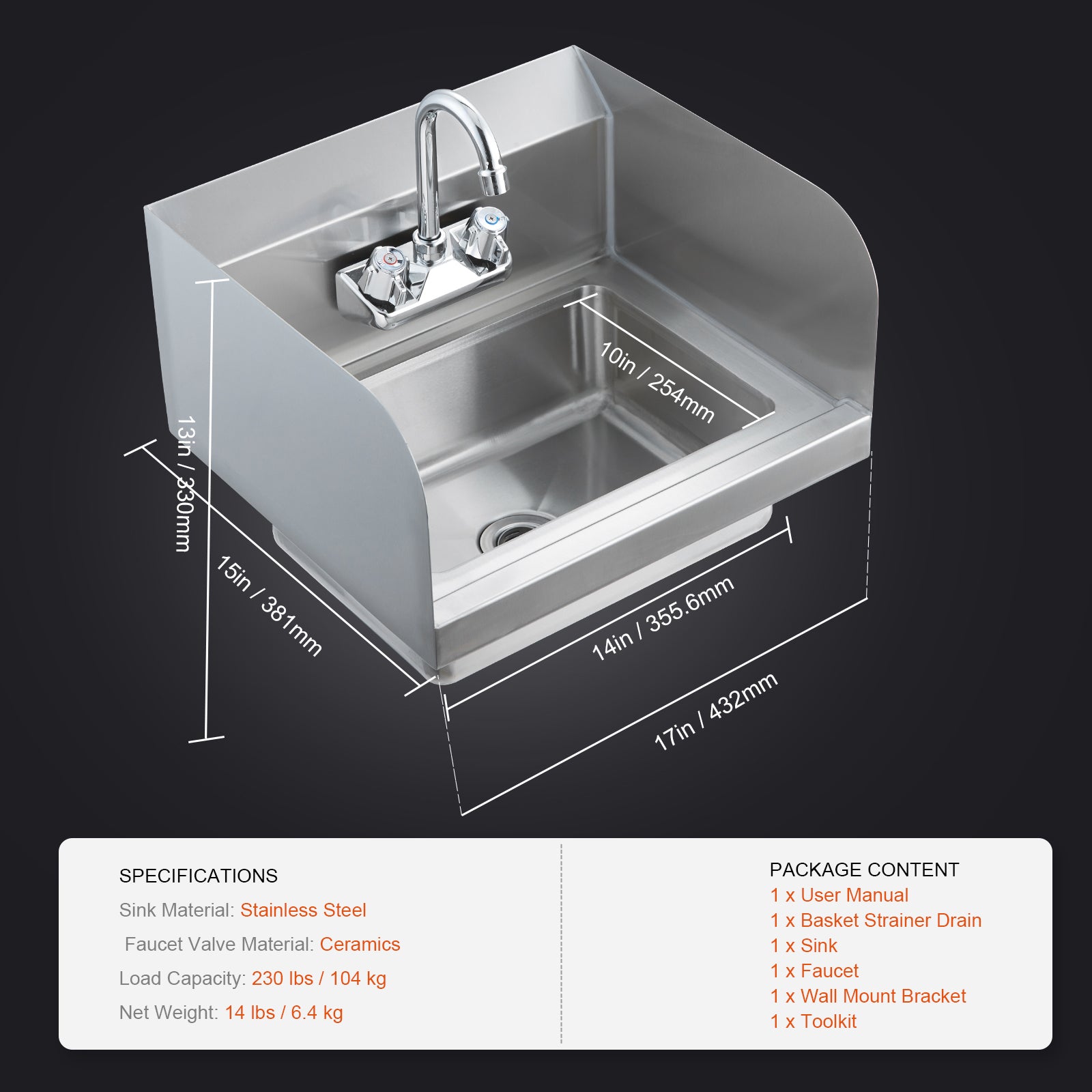 Commercial Hand Sink with Faucet and Side Splash, Stainless Steel Sink for Washing, Small Hand Washing Sink, Wall Mount Hand Basin for Restaurant, Kitchen, Bar, Garage and Home, 17x12.8 inch
