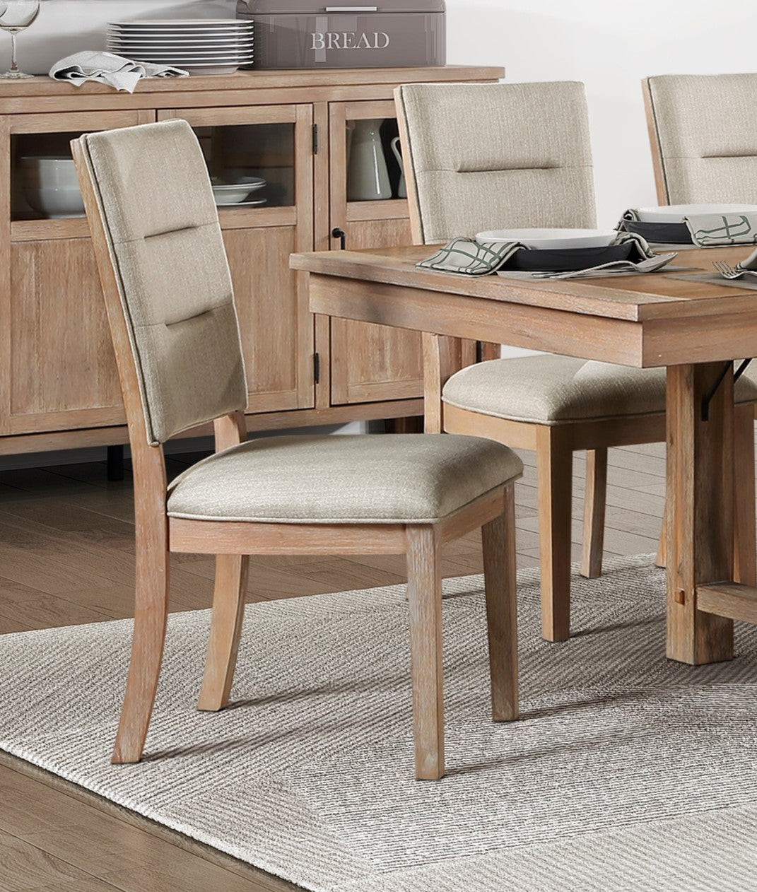 Light Oak Finish Beautiful Dining Chairs Set of 2pc, Upholstered Seat and Back Beige Fabric Rustic Look Ladderback Wooden Dining Kitchen Furniture