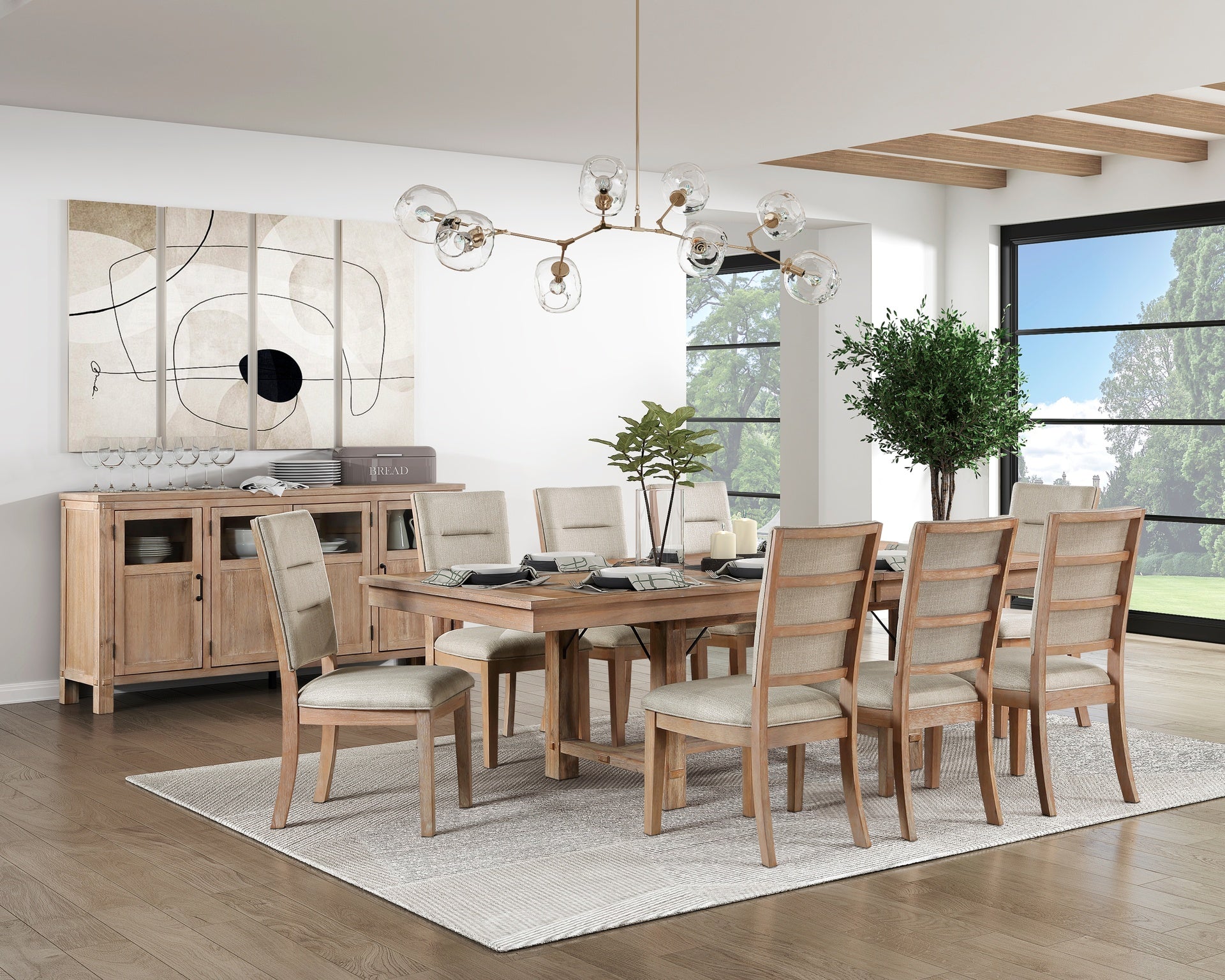 Light Oak Finish Beautiful Dining Chairs Set of 2pc, Upholstered Seat and Back Beige Fabric Rustic Look Ladderback Wooden Dining Kitchen Furniture