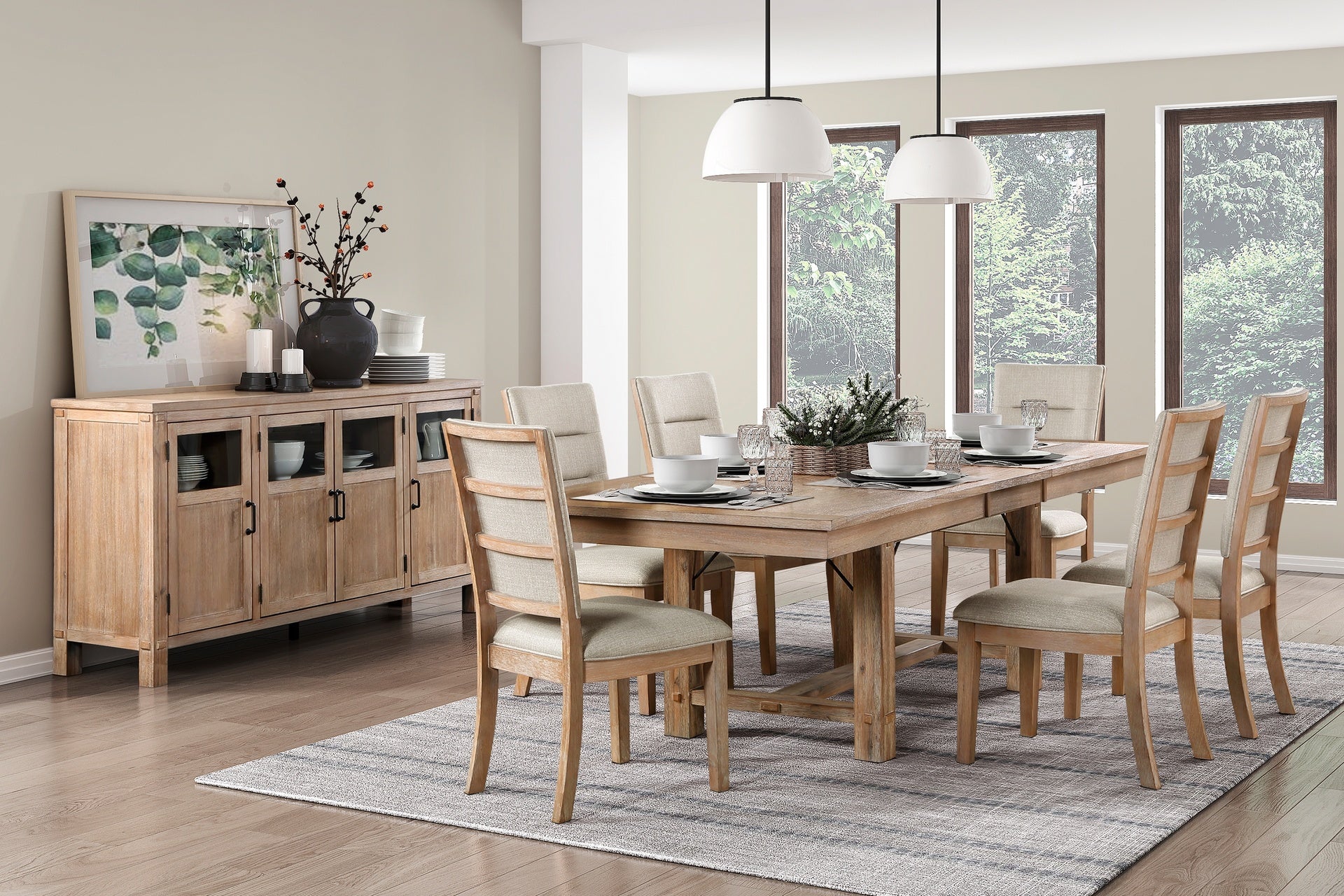 Light Oak Finish Beautiful Dining Chairs Set of 2pc, Upholstered Seat and Back Beige Fabric Rustic Look Ladderback Wooden Dining Kitchen Furniture