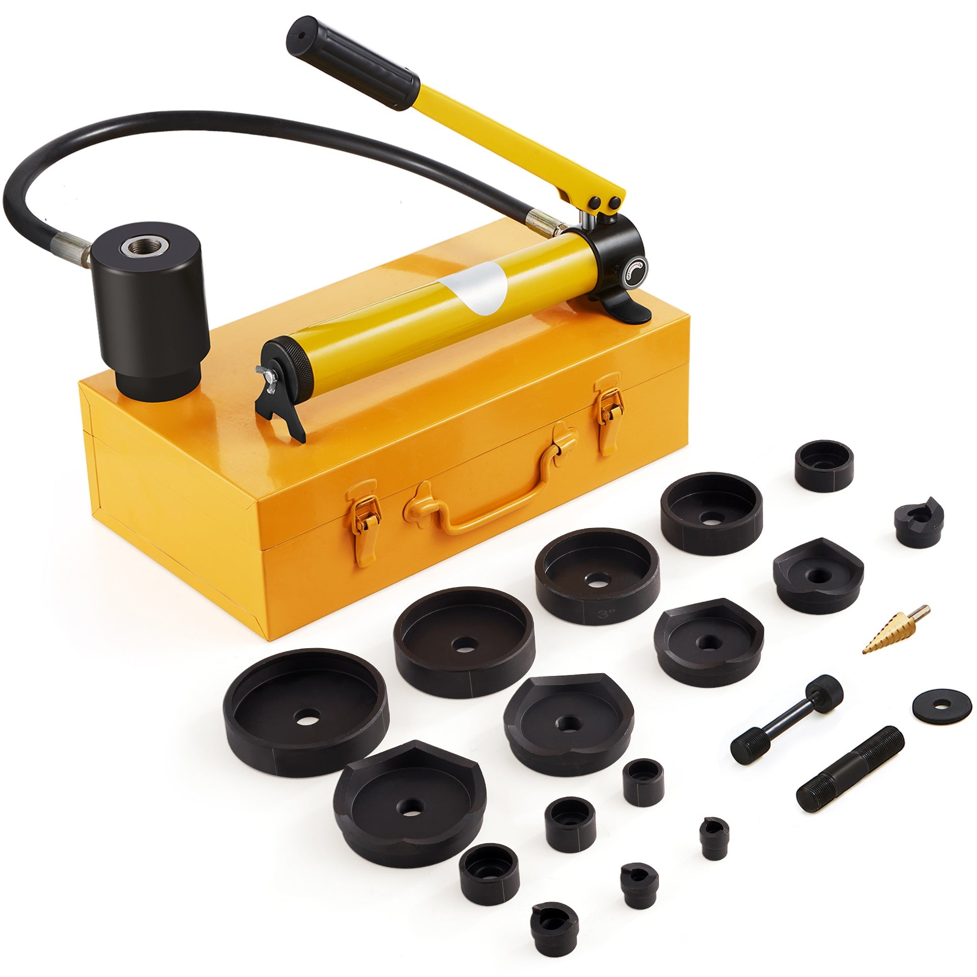 Hydraulic Knockout Punch Kit, 15 Ton 1/2" to 4" Conduit Hole Cutter Set, KO Tool Kits with Puncher 10 Piece, Metal Sheet Driver Tools, For Aluminum, Brass, Stainless Steel, Fiberglass and Plasti