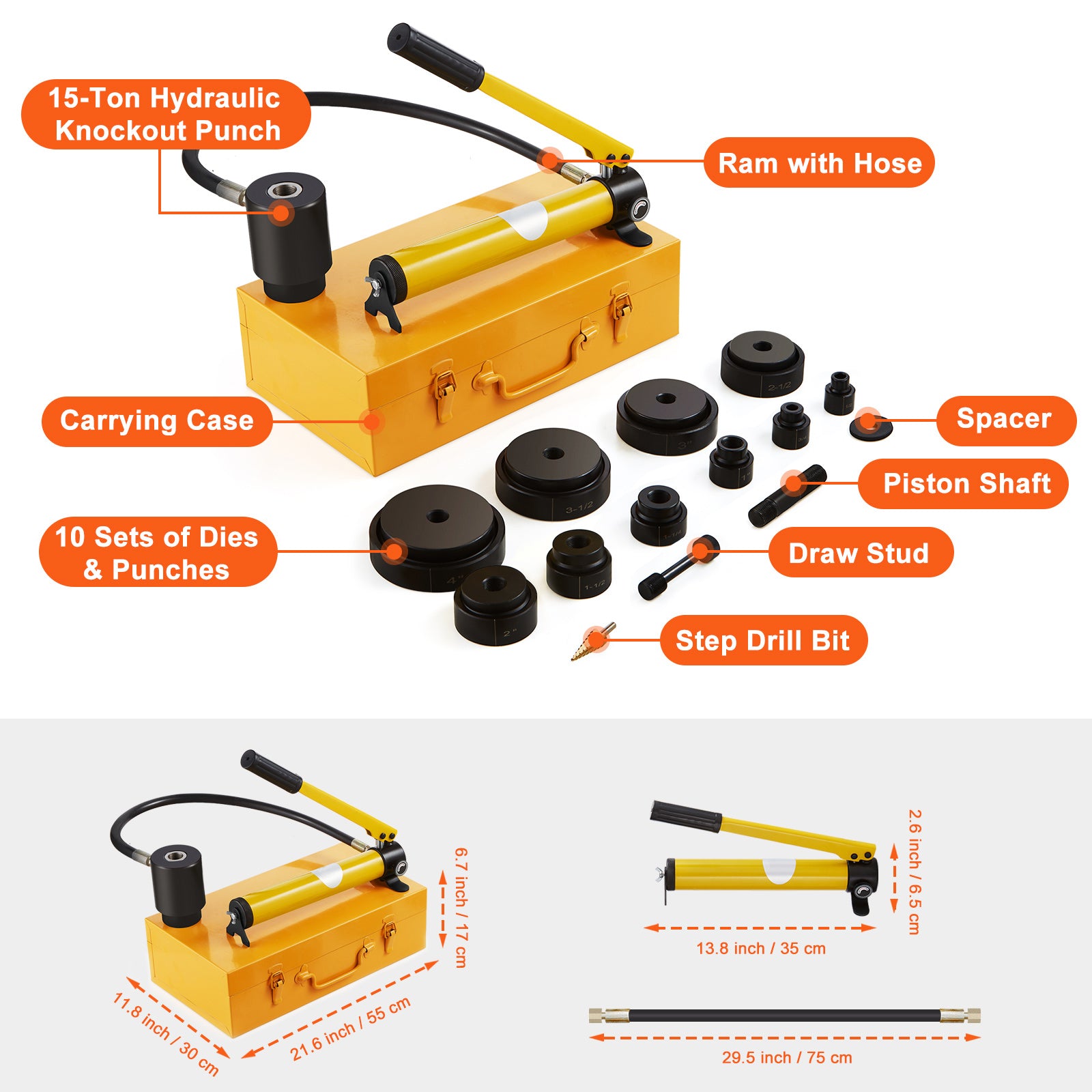 Hydraulic Knockout Punch Kit, 15 Ton 1/2" to 4" Conduit Hole Cutter Set, KO Tool Kits with Puncher 10 Piece, Metal Sheet Driver Tools, For Aluminum, Brass, Stainless Steel, Fiberglass and Plasti