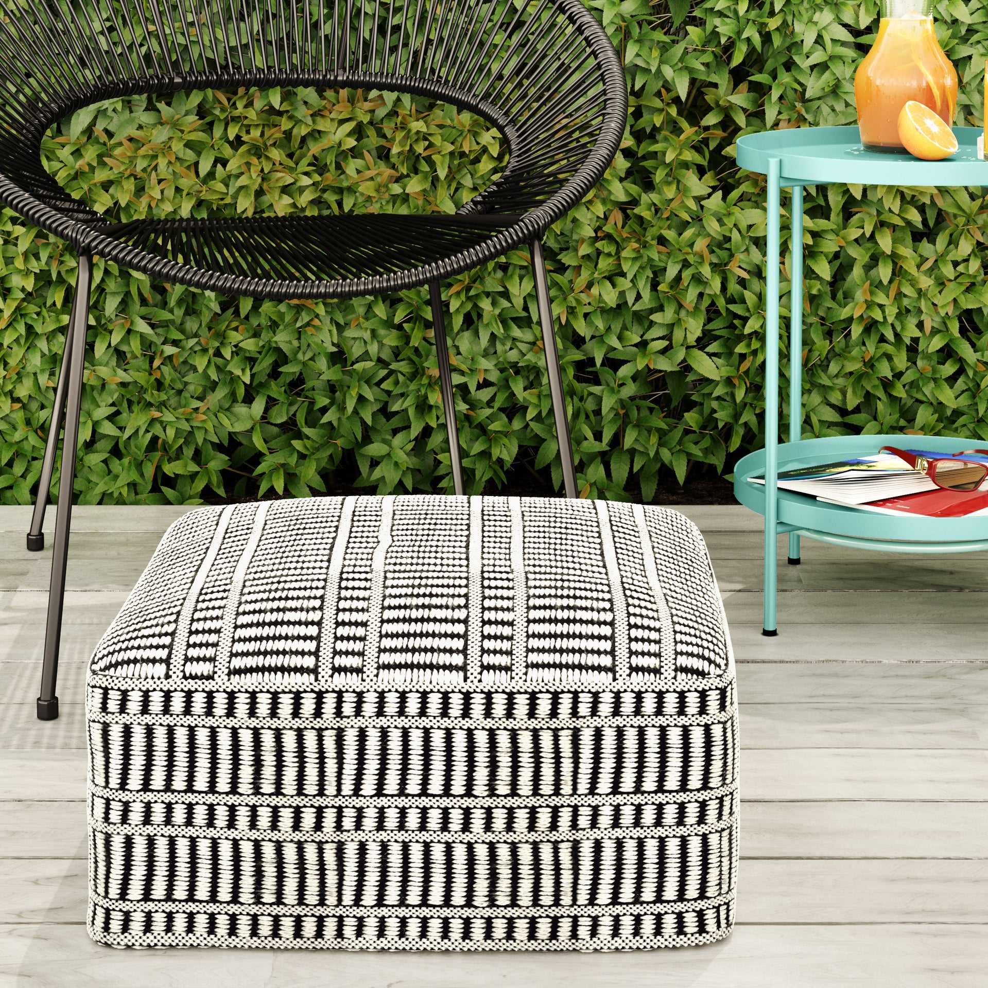Safford Square Woven Outdoor/Indoor Pouf in Black and White