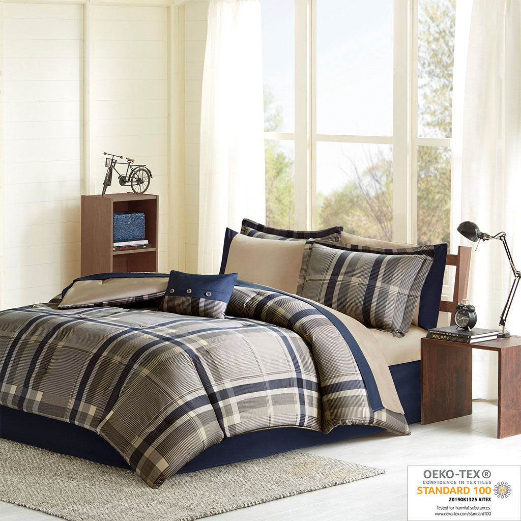 Twin Plaid Comforter Set with Bed Sheets