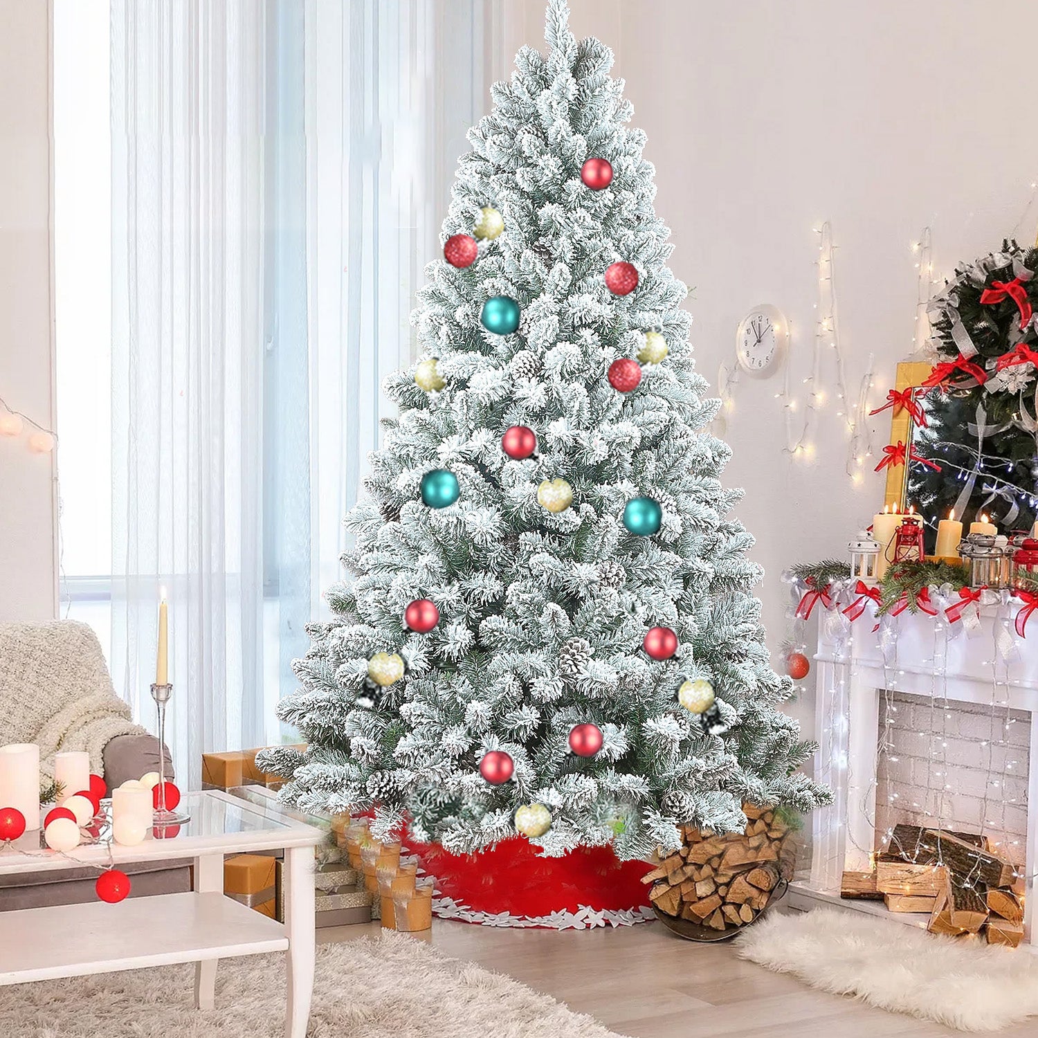 5FT Flocked Christmas Tree with Pine Cones – Snowy PVC Artificial Holiday Tree, 600 Tips, 27 Natural Pinecones, Sturdy Metal Stand, Full Shape for Seasonal Decoration
