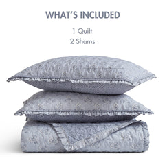 3-Piece Queen 3 Piece Ruffle Printed Quilt Set,Blue