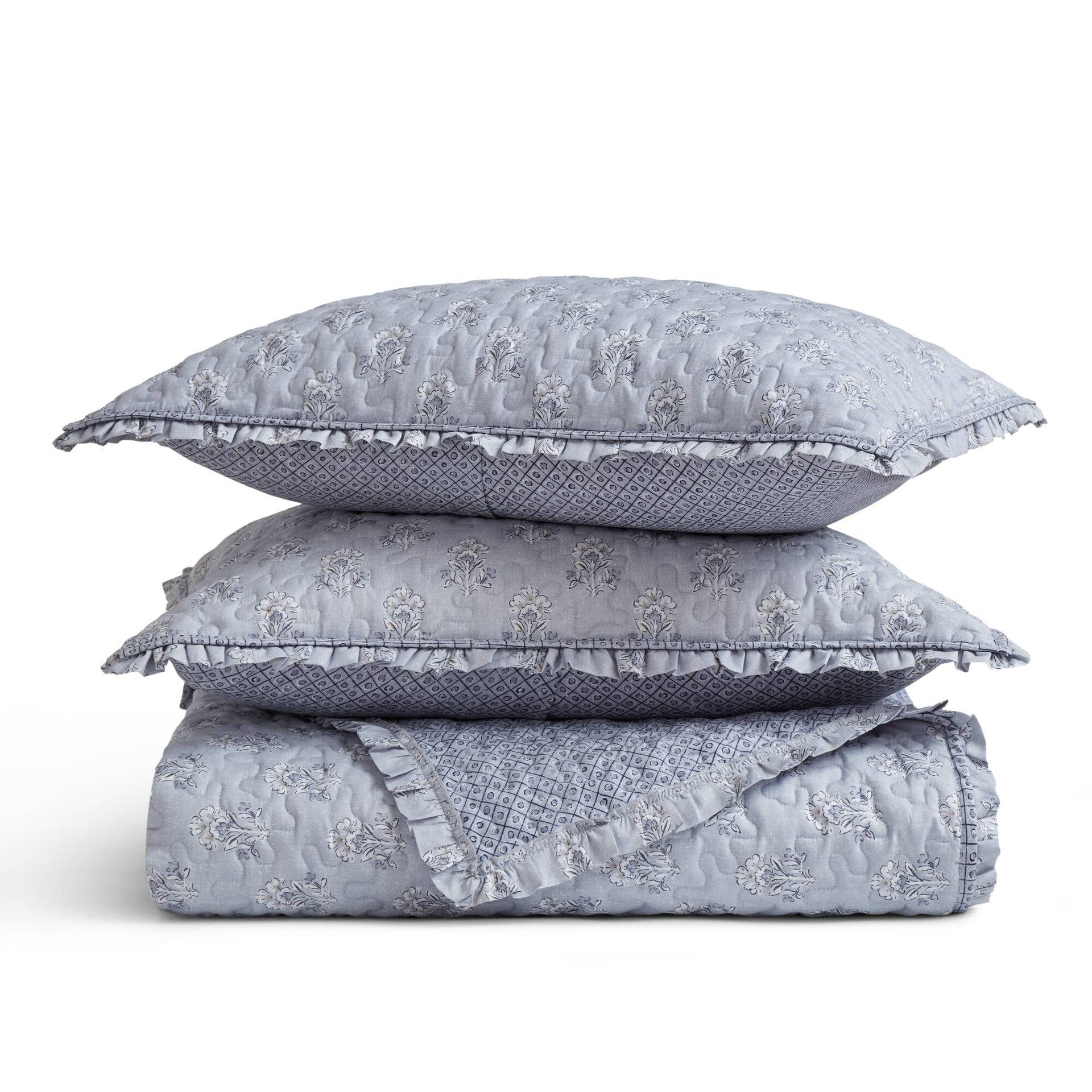 3-Piece Queen 3 Piece Ruffle Printed Quilt Set,Blue