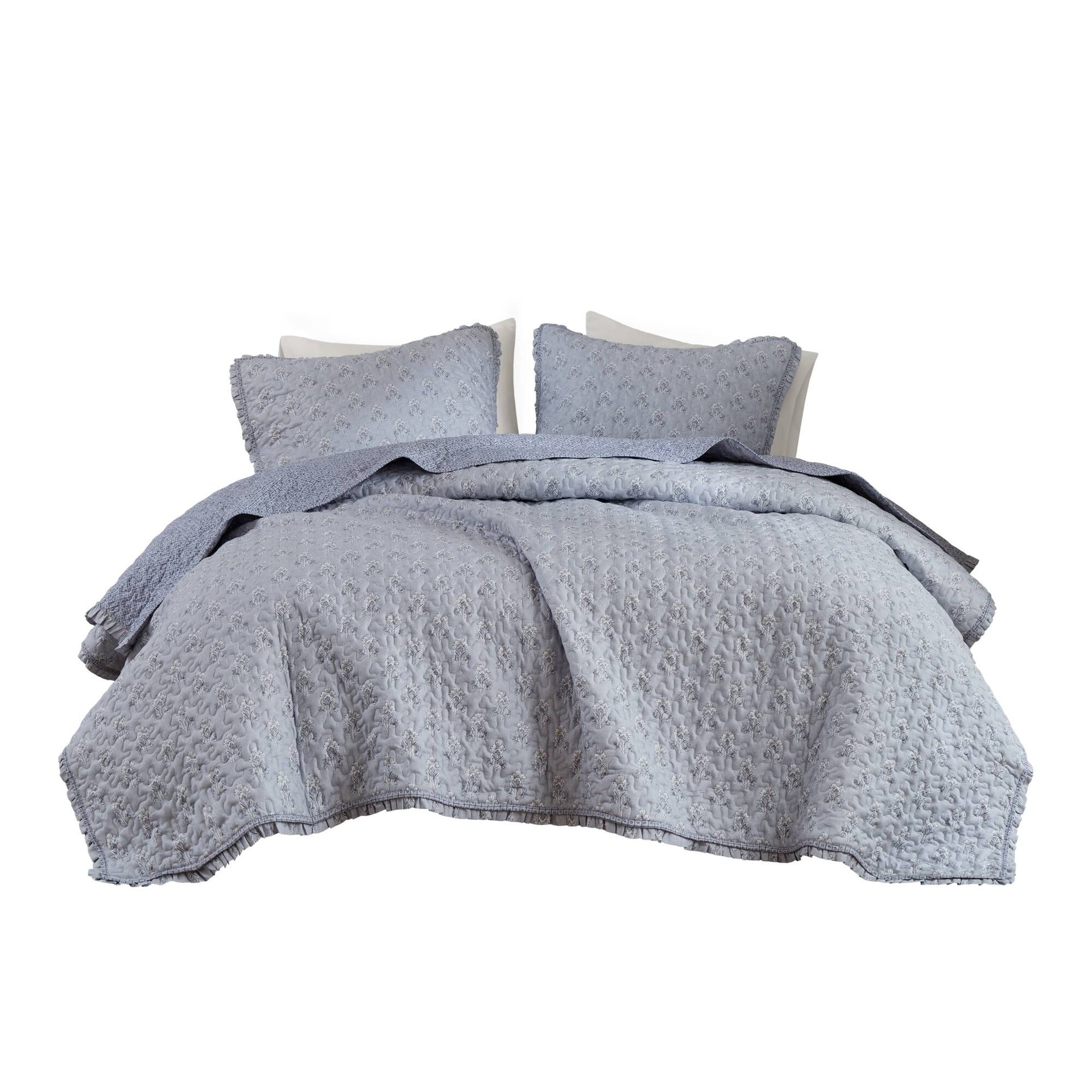 3-Piece Queen 3 Piece Ruffle Printed Quilt Set,Blue