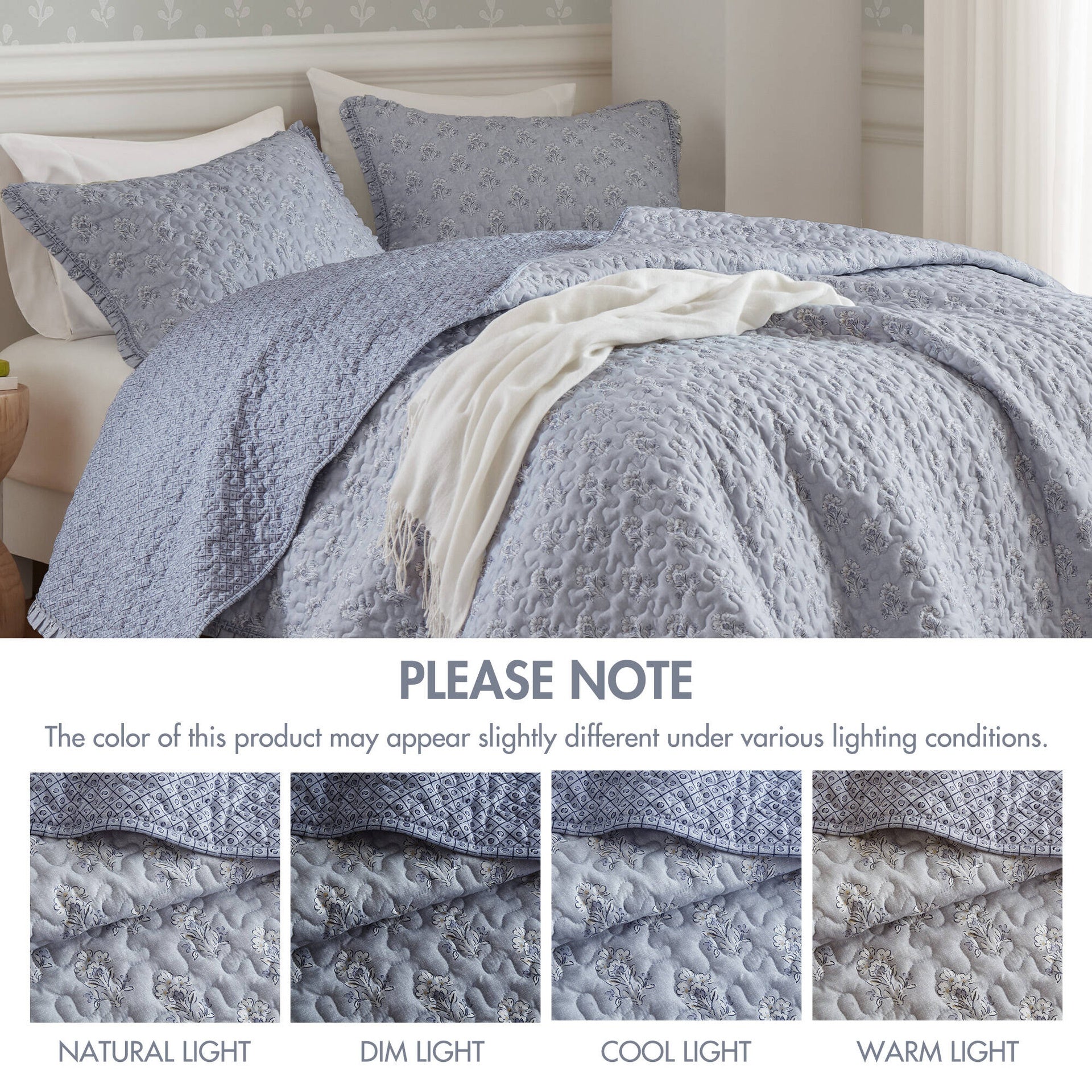 3-Piece Queen 3 Piece Ruffle Printed Quilt Set,Blue