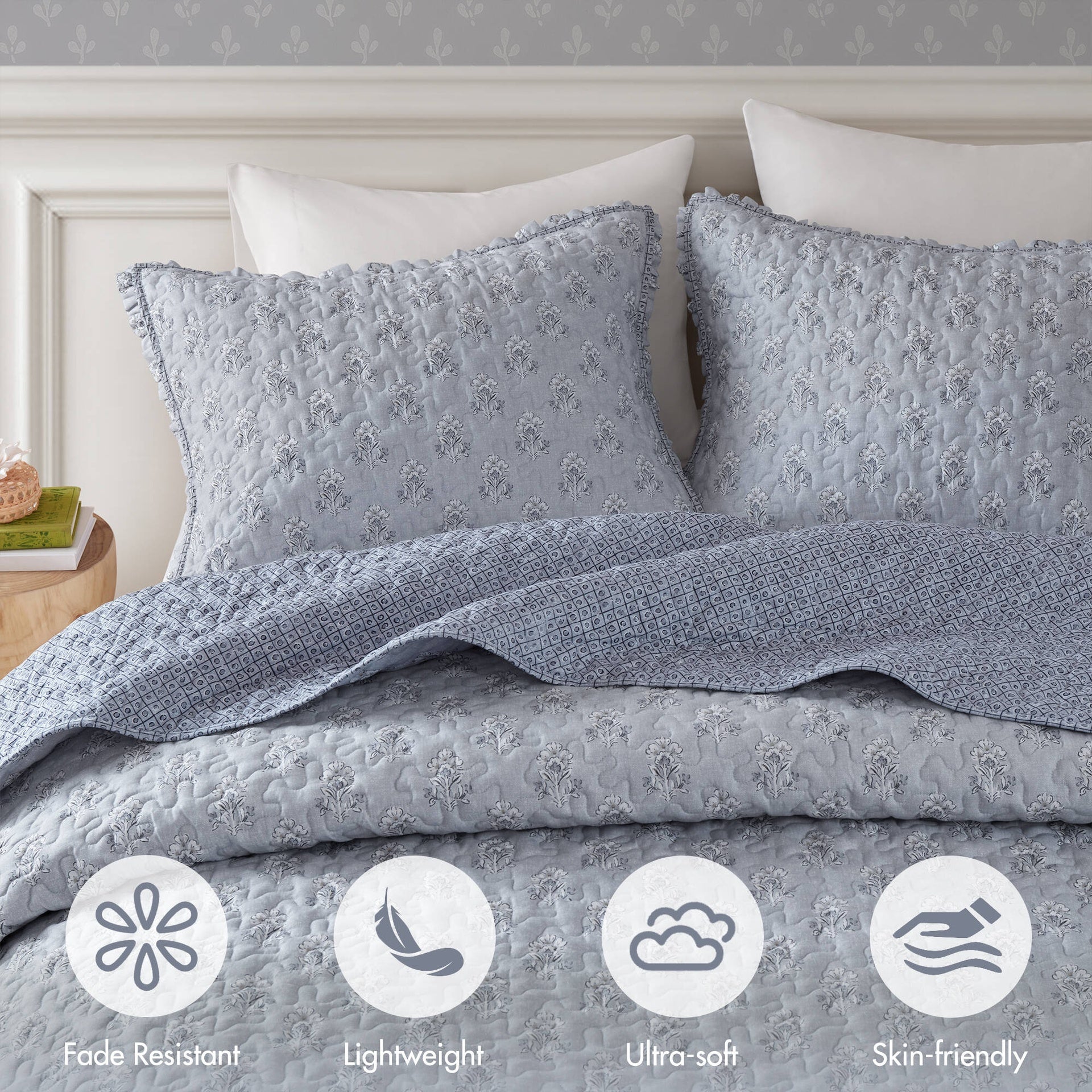 3-Piece Queen 3 Piece Ruffle Printed Quilt Set,Blue