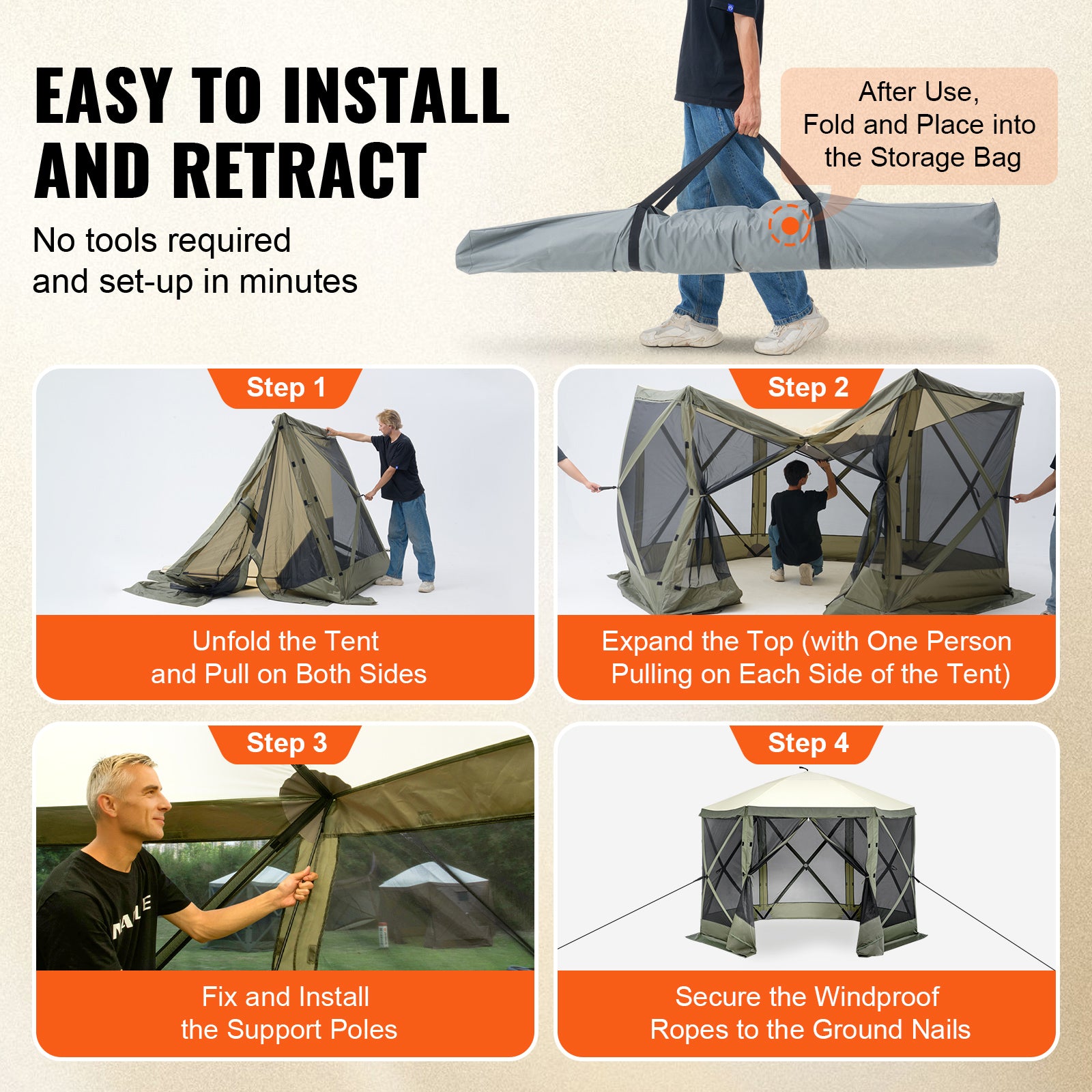 Pop Up Gazebo Tent, Pop-Up Screen Tent 6 Sided Canopy Sun Shelter with 6 Removable Privacy Wind Cloths & Mesh Windows, 10x10FT Quick Set Screen Tent with Mosquito Netting, Army Green