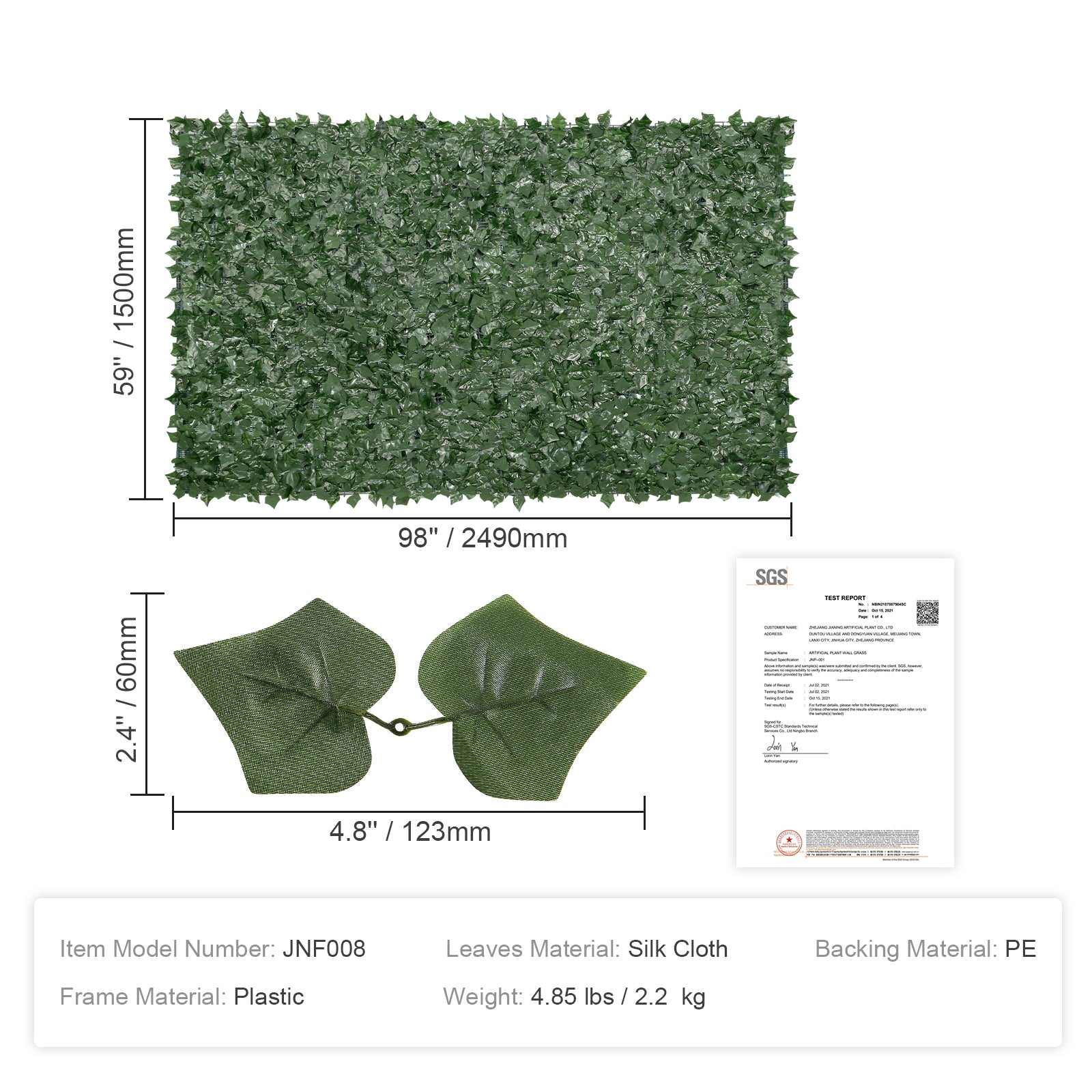 Ivy Privacy Fence, 59 x 98 in Artificial Green Wall Screen, Greenery Ivy Fence with Mesh Cloth Backing and Strengthened Joint, Faux Hedges Vine Leaf Decoration for Outdoor Garden, Yard, Balcony