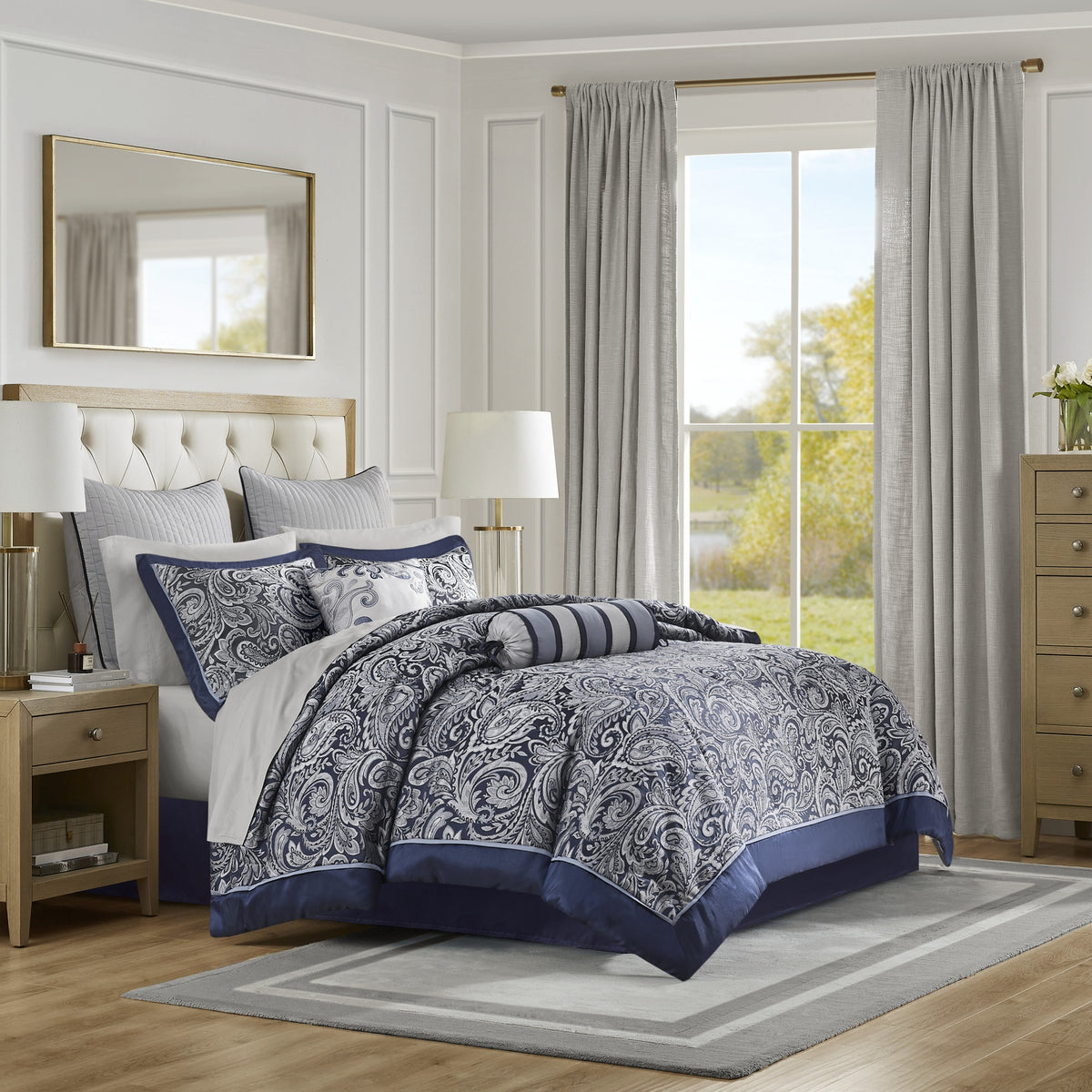 12 Piece Comforter Set with Cotton Bed Sheets Navy Cal King