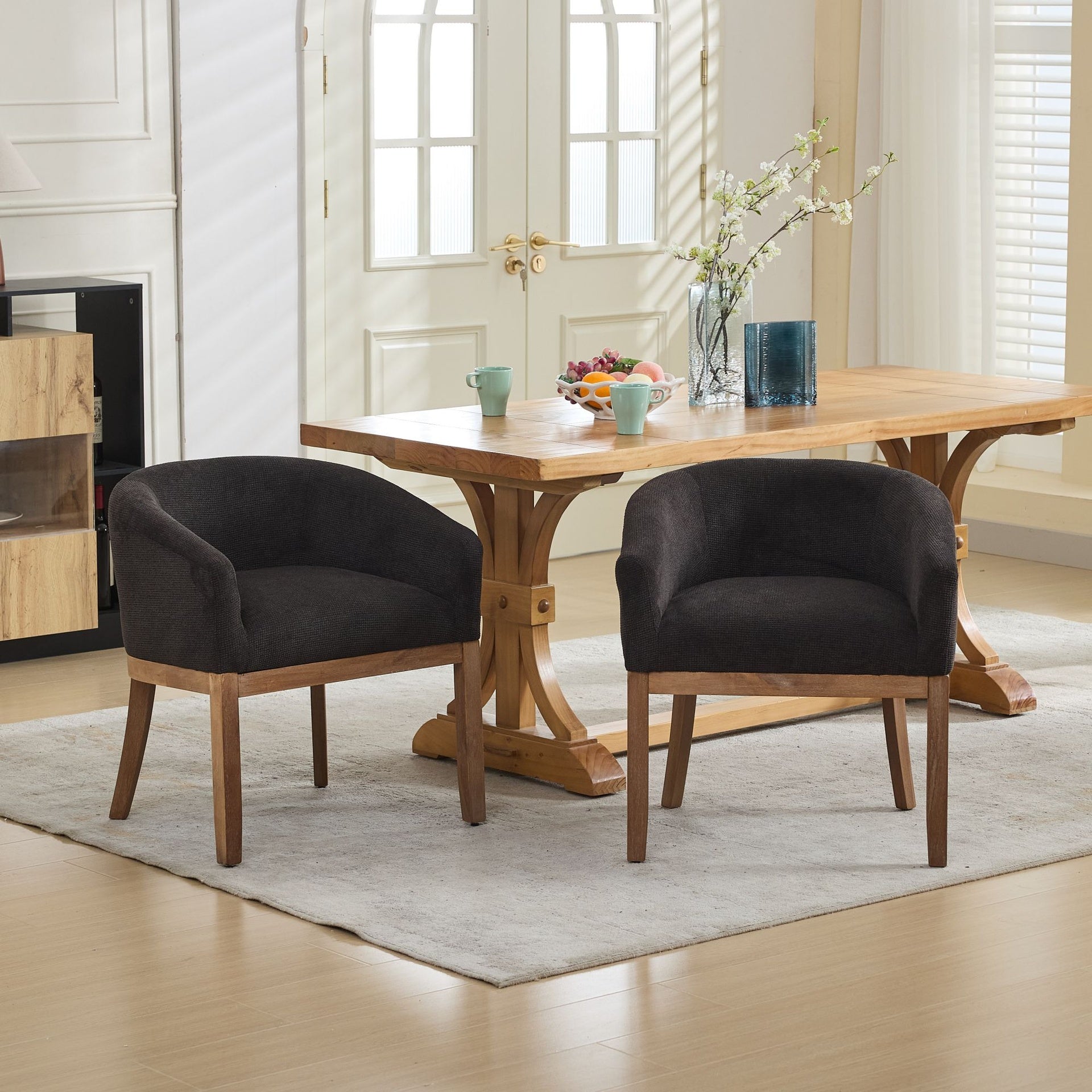 Mid Century Modern Upholstered Barrel Dining Chairs with Arms,Farmhouse Linen Kitchen & Dining Room Chairs with Natural Hardwood Frame, 19" W Accent Chairs for Living Room,Single Pack,Black,SW1891BK