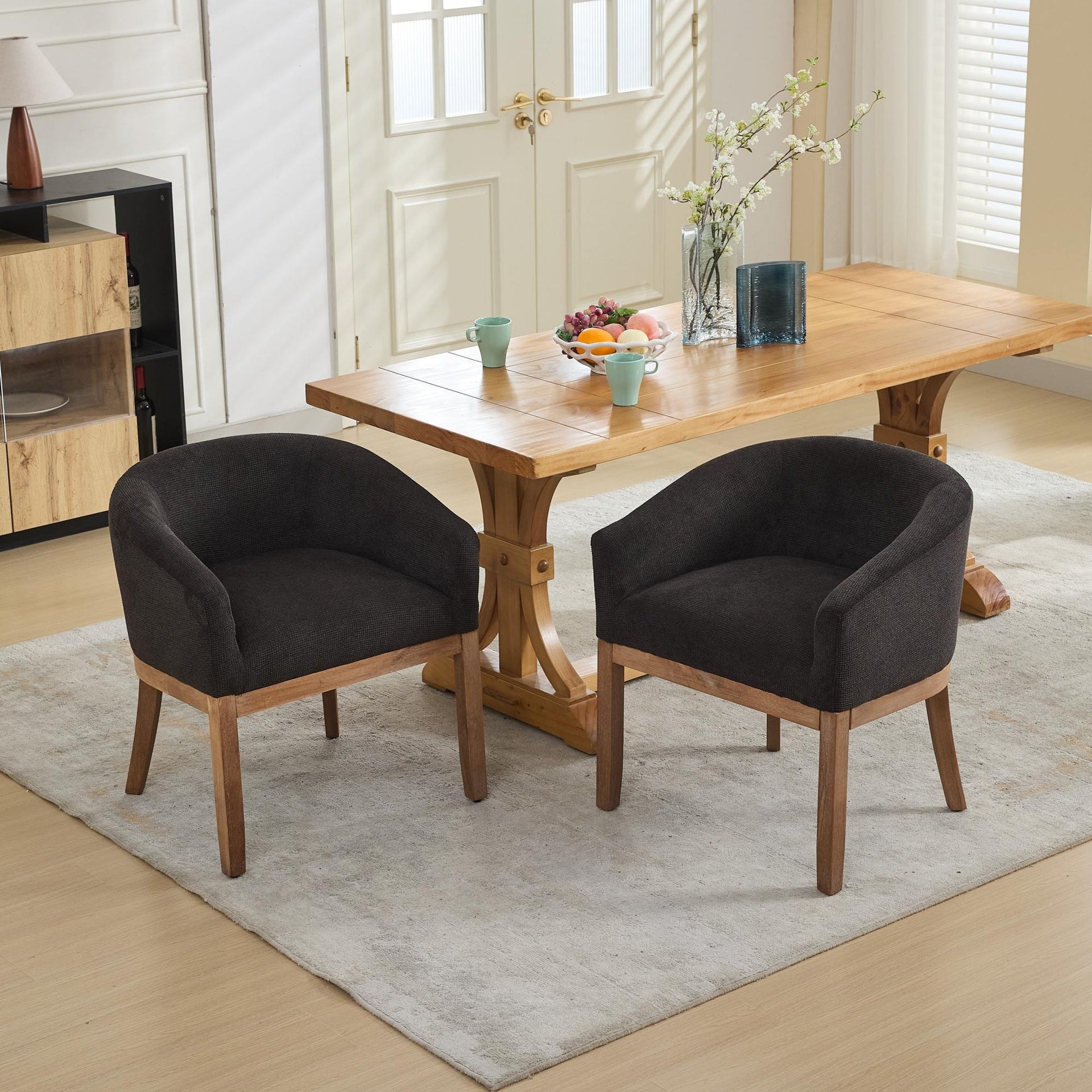Mid Century Modern Upholstered Barrel Dining Chairs with Arms,Farmhouse Linen Kitchen & Dining Room Chairs with Natural Hardwood Frame, 19" W Accent Chairs for Living Room,Single Pack,Black,SW1891BK