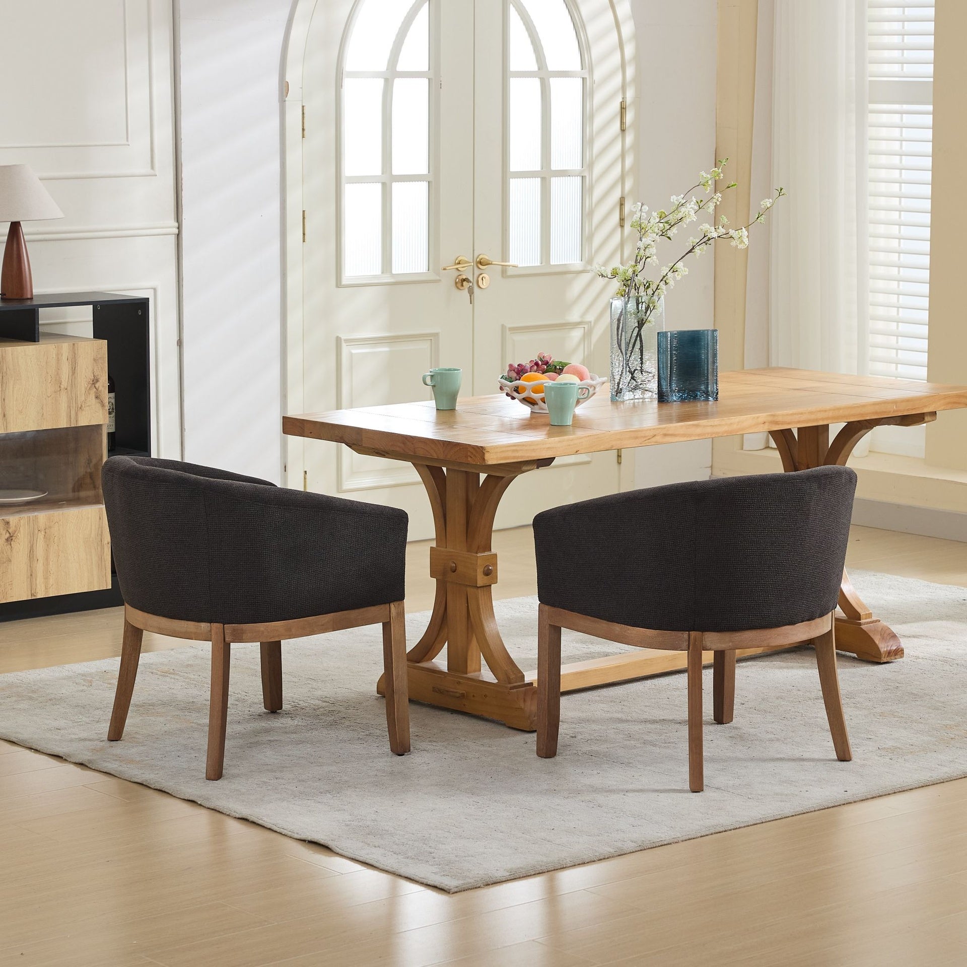 Mid Century Modern Upholstered Barrel Dining Chairs with Arms,Farmhouse Linen Kitchen & Dining Room Chairs with Natural Hardwood Frame, 19" W Accent Chairs for Living Room,Single Pack,Black,SW1891BK