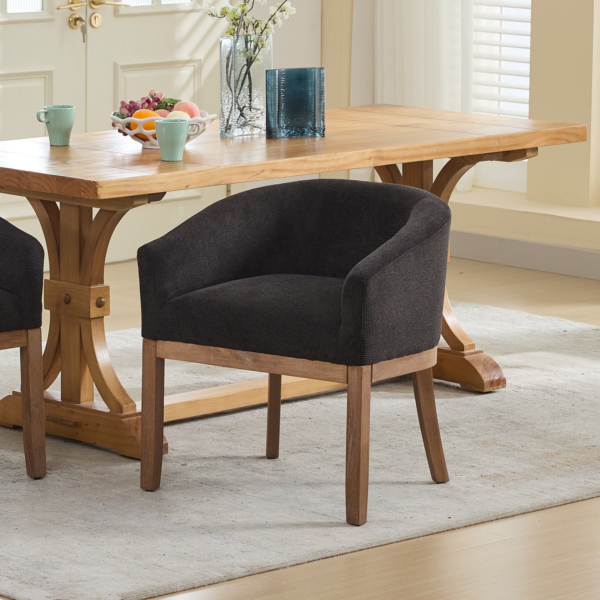 Mid Century Modern Upholstered Barrel Dining Chairs with Arms,Farmhouse Linen Kitchen & Dining Room Chairs with Natural Hardwood Frame, 19" W Accent Chairs for Living Room,Single Pack,Black,SW1891BK