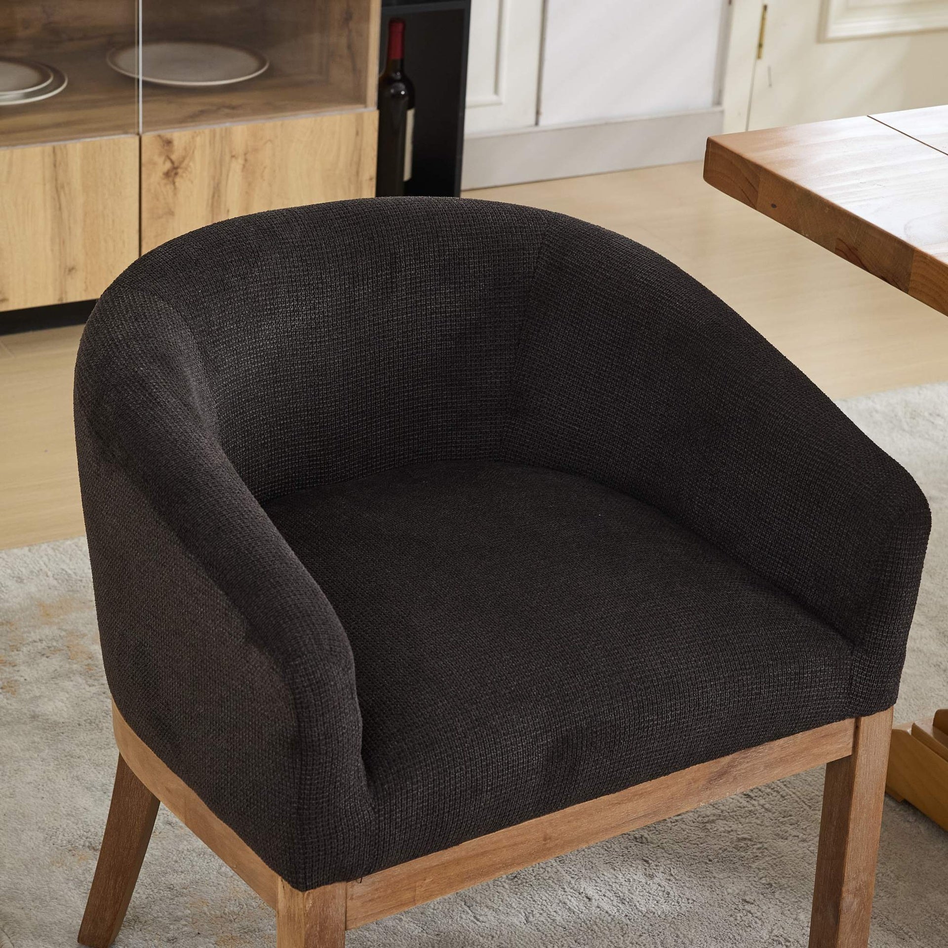 Mid Century Modern Upholstered Barrel Dining Chairs with Arms,Farmhouse Linen Kitchen & Dining Room Chairs with Natural Hardwood Frame, 19" W Accent Chairs for Living Room,Single Pack,Black,SW1891BK