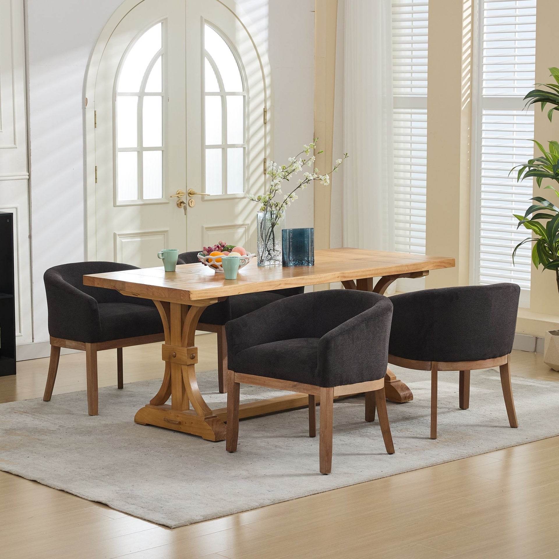 Mid Century Modern Upholstered Barrel Dining Chairs with Arms,Farmhouse Linen Kitchen & Dining Room Chairs with Natural Hardwood Frame, 19" W Accent Chairs for Living Room,Single Pack,Black,SW1891BK