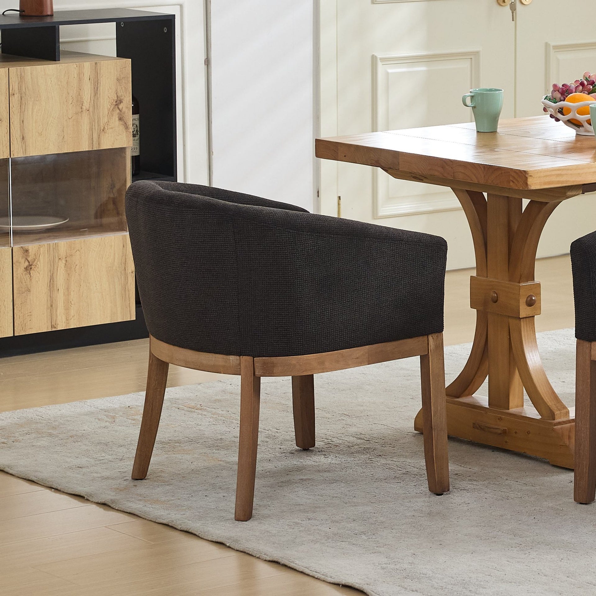Mid Century Modern Upholstered Barrel Dining Chairs with Arms,Farmhouse Linen Kitchen & Dining Room Chairs with Natural Hardwood Frame, 19" W Accent Chairs for Living Room,Single Pack,Black,SW1891BK