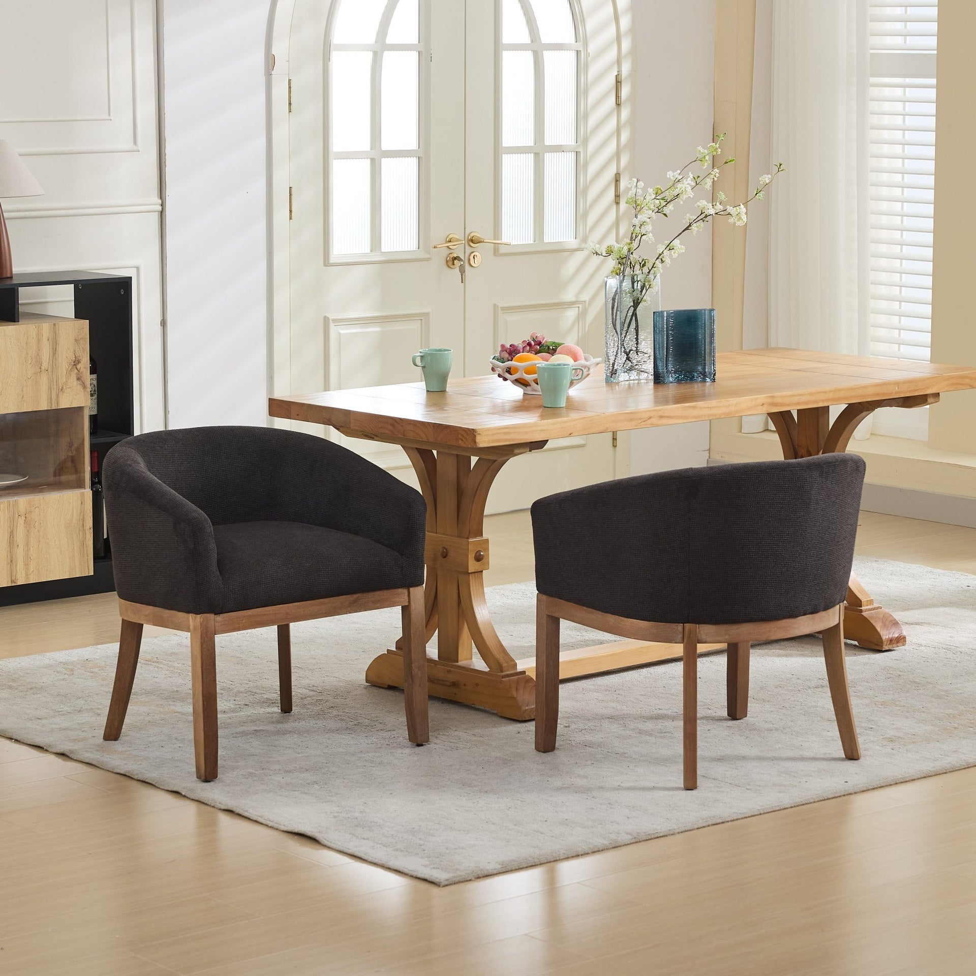 Mid Century Modern Upholstered Barrel Dining Chairs with Arms,Farmhouse Linen Kitchen & Dining Room Chairs with Natural Hardwood Frame, 19" W Accent Chairs for Living Room,Single Pack,Black,SW1891BK