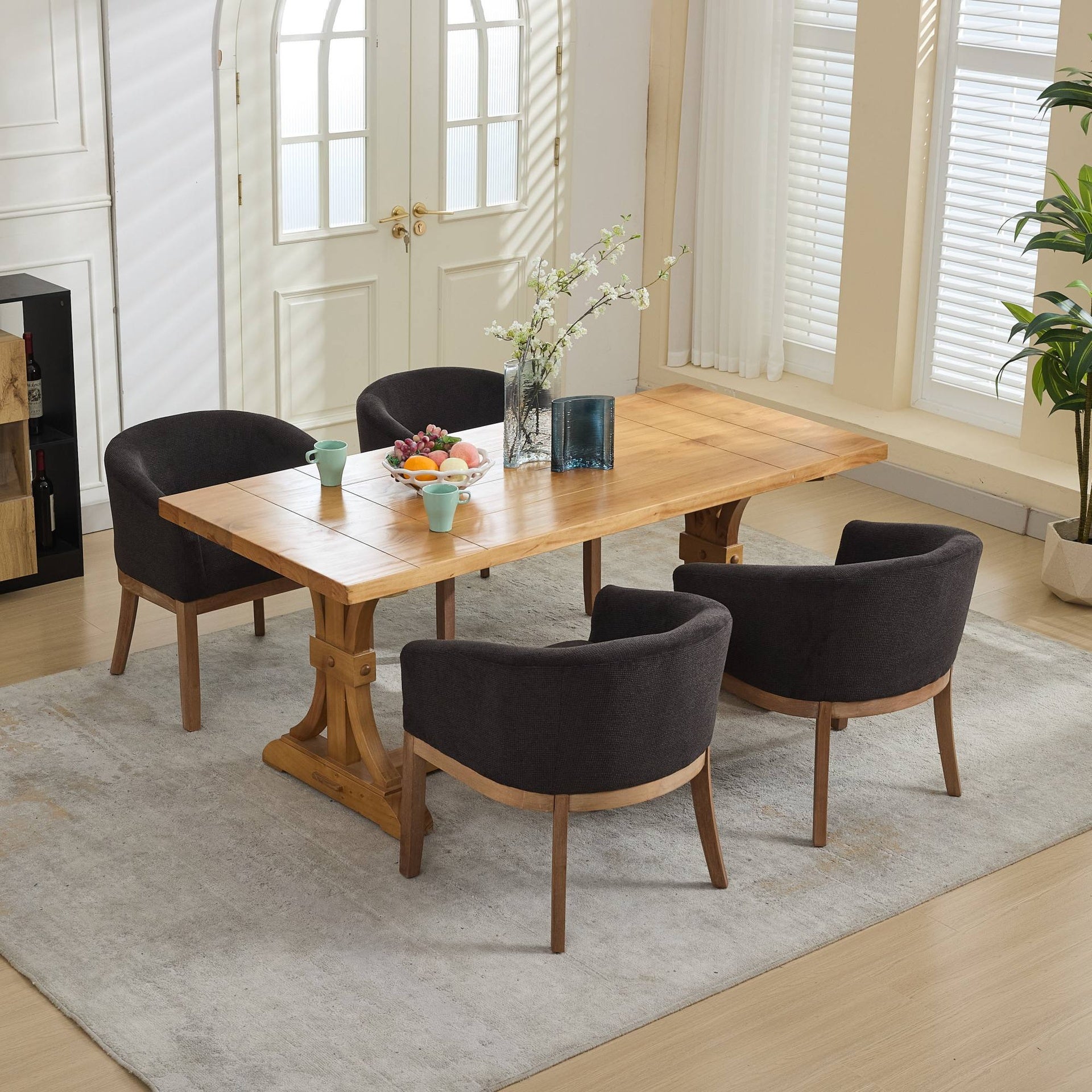 Mid Century Modern Upholstered Barrel Dining Chairs with Arms,Farmhouse Linen Kitchen & Dining Room Chairs with Natural Hardwood Frame, 19" W Accent Chairs for Living Room,Single Pack,Black,SW1891BK