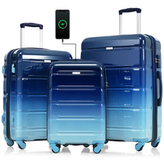 Luggage Set of 3, 20-inch with USB Port, Airline Certified Carry-on Luggage  , ABS+PC Hard Shell Luggage with Spinner Wheels, Gradient Blue
