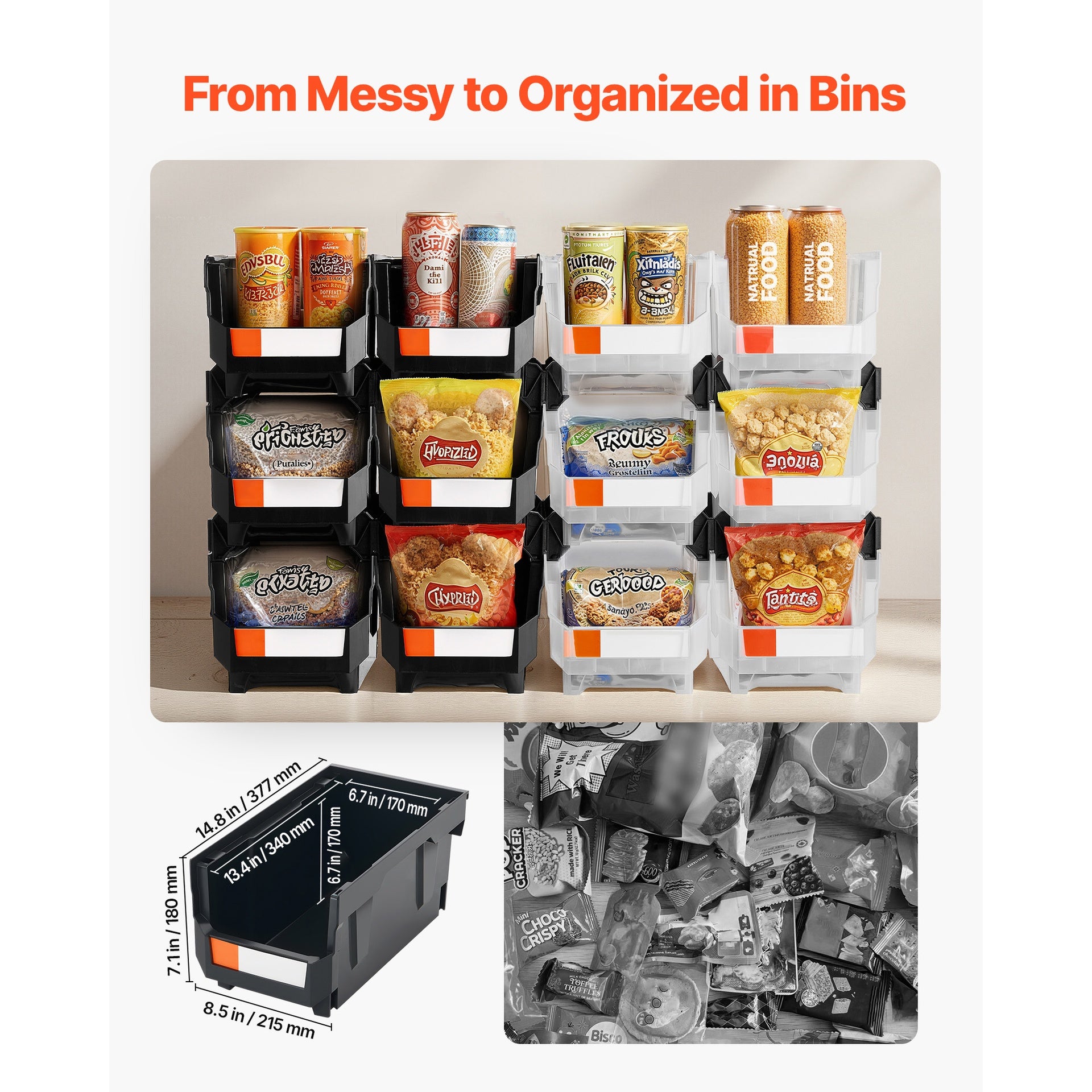 Plastic Stackable Storage Bins, 14.8 x 8.5 x 7.1 inch (12 Pack), Plastic Containers for Organizing & Storage Bins for Garage, Small Parts, Office Supplies, Other Accessories, Black & Transparent