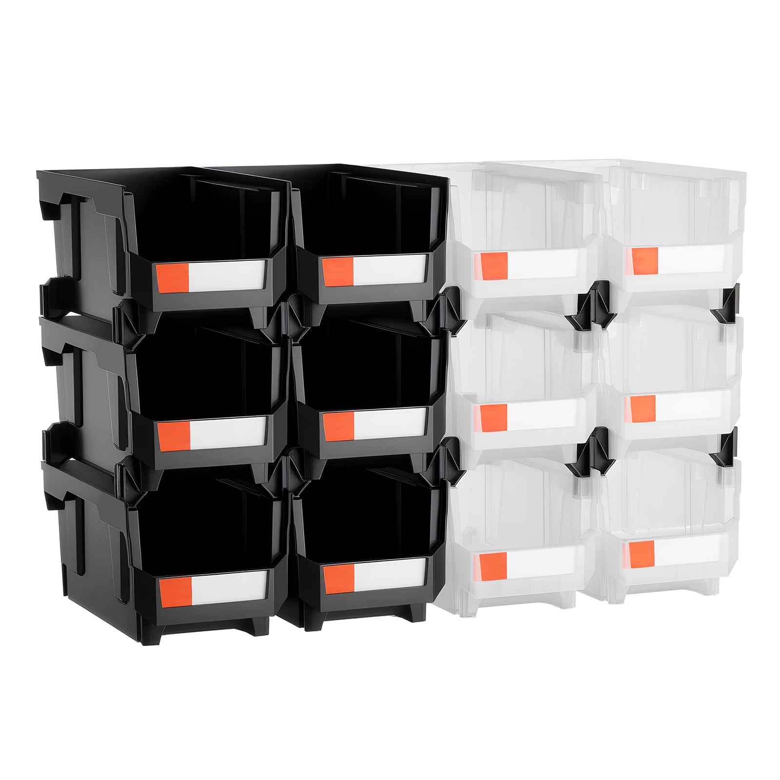 Plastic Stackable Storage Bins, 14.8 x 8.5 x 7.1 inch (12 Pack), Plastic Containers for Organizing & Storage Bins for Garage, Small Parts, Office Supplies, Other Accessories, Black & Transparent