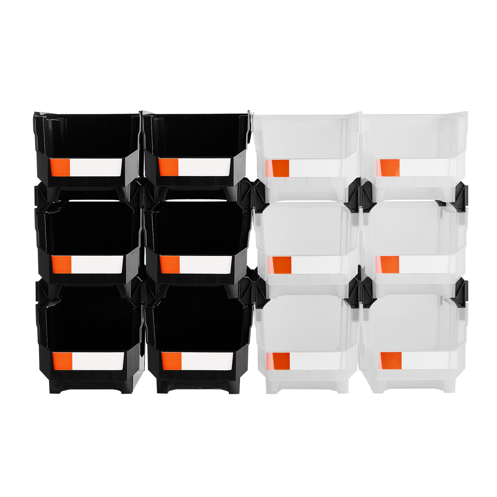 Plastic Stackable Storage Bins, 14.8 x 8.5 x 7.1 inch (12 Pack), Plastic Containers for Organizing & Storage Bins for Garage, Small Parts, Office Supplies, Other Accessories, Black & Transparent