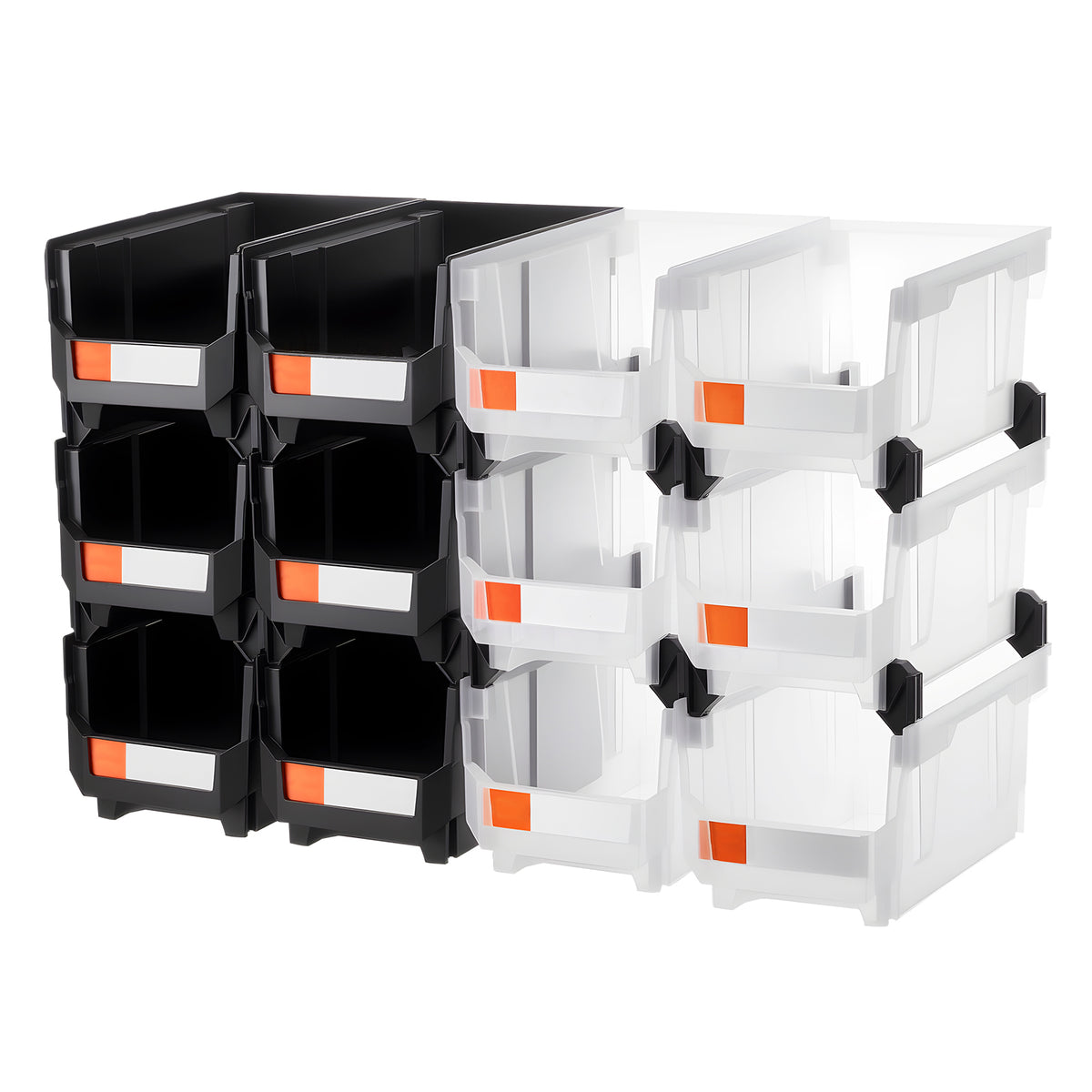 Plastic Stackable Storage Bins, 14.8 x 8.5 x 7.1 inch (12 Pack), Plastic Containers for Organizing & Storage Bins for Garage, Small Parts, Office Supplies, Other Accessories, Black & Transparent