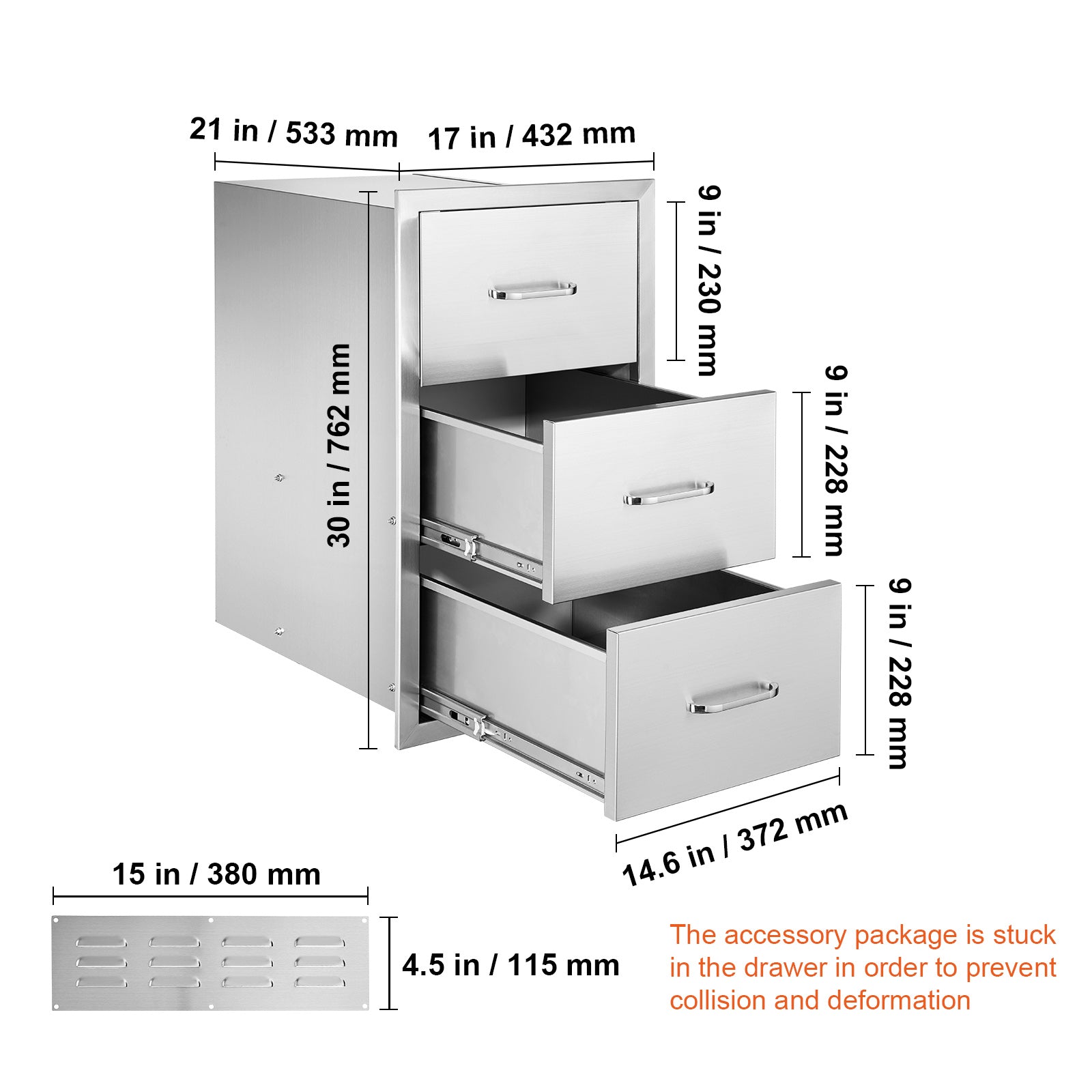 17W x 30H x 21D Inch Outdoor Kitchen Stainless Steel Double Access Drawers with Paper Towel Holder Combo for BBQ Island or Grill Station