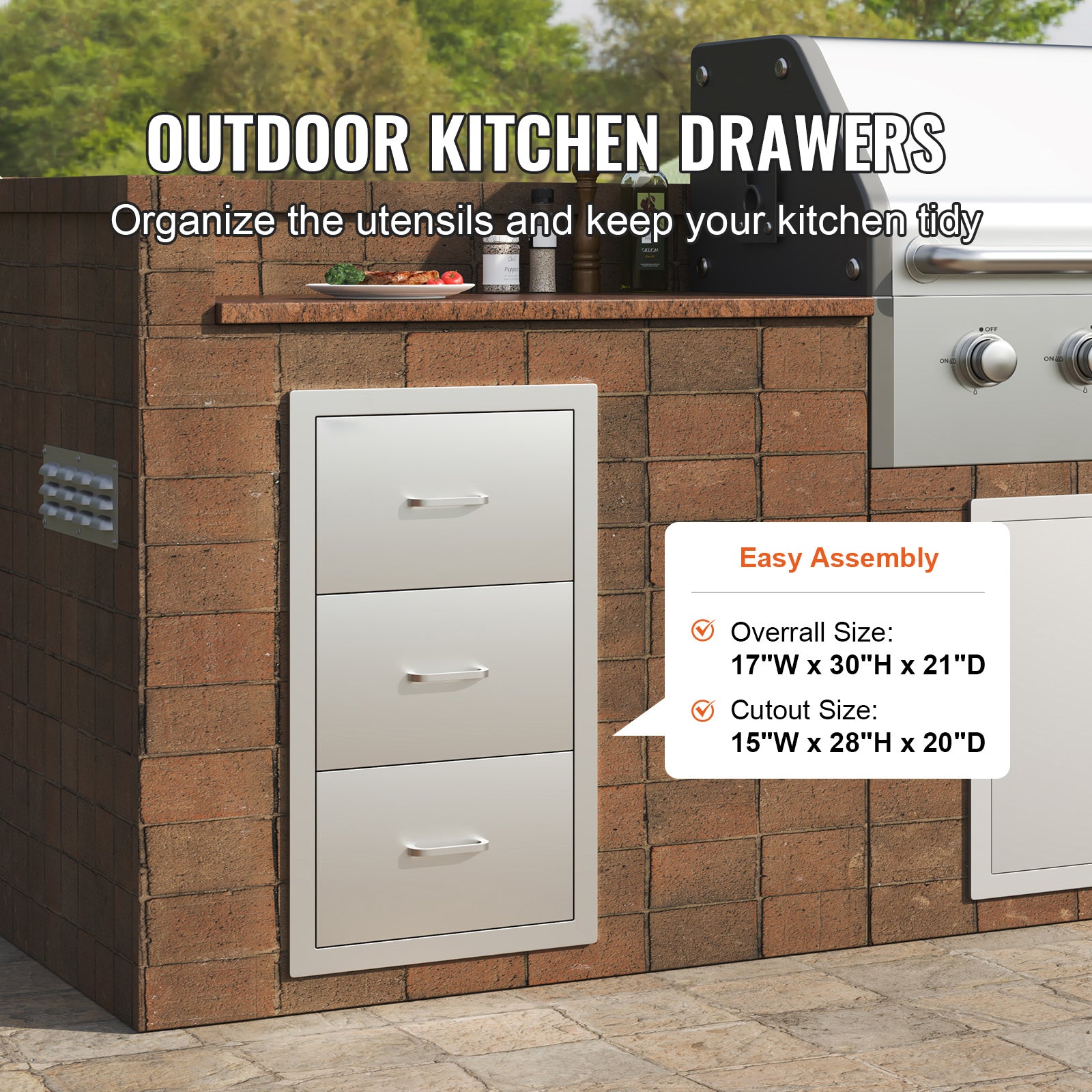 17W x 30H x 21D Inch Outdoor Kitchen Stainless Steel Double Access Drawers with Paper Towel Holder Combo for BBQ Island or Grill Station
