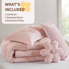 4-Piece Full/Queen Floral Reversible Tufted Chenille Comforter Set with Flower Throw Pillow,Pink