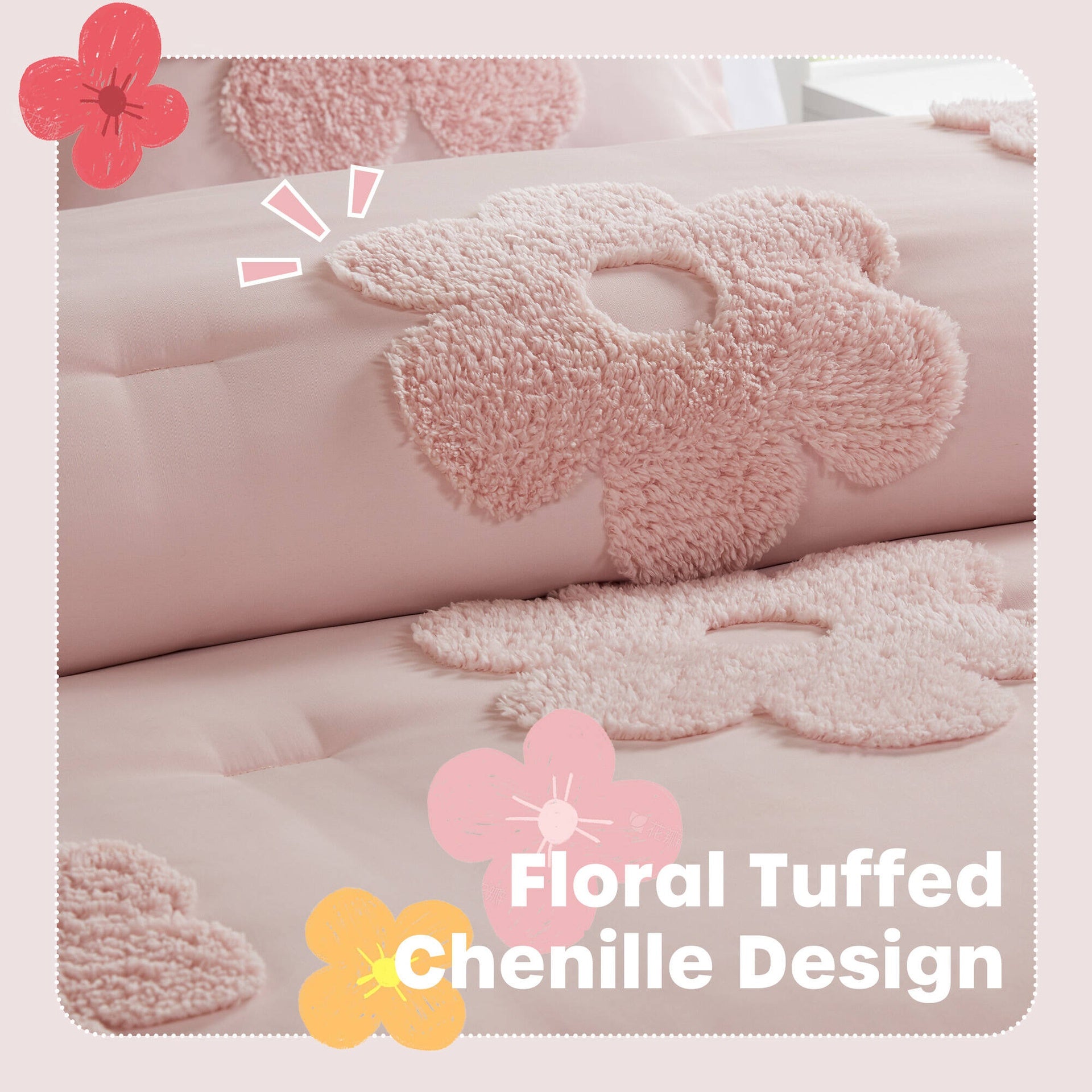 4-Piece Full/Queen Floral Reversible Tufted Chenille Comforter Set with Flower Throw Pillow,Pink