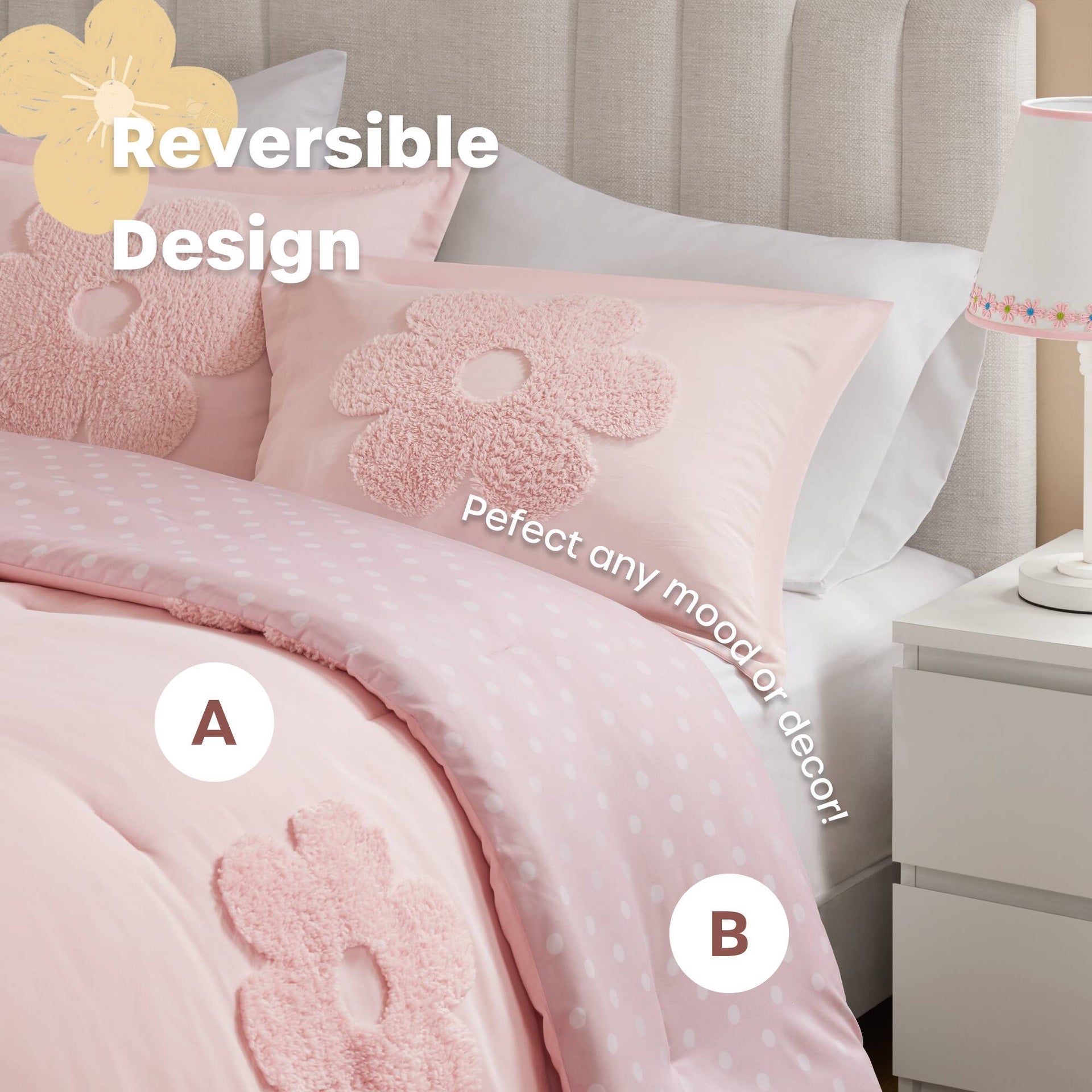 4-Piece Full/Queen Floral Reversible Tufted Chenille Comforter Set with Flower Throw Pillow,Pink