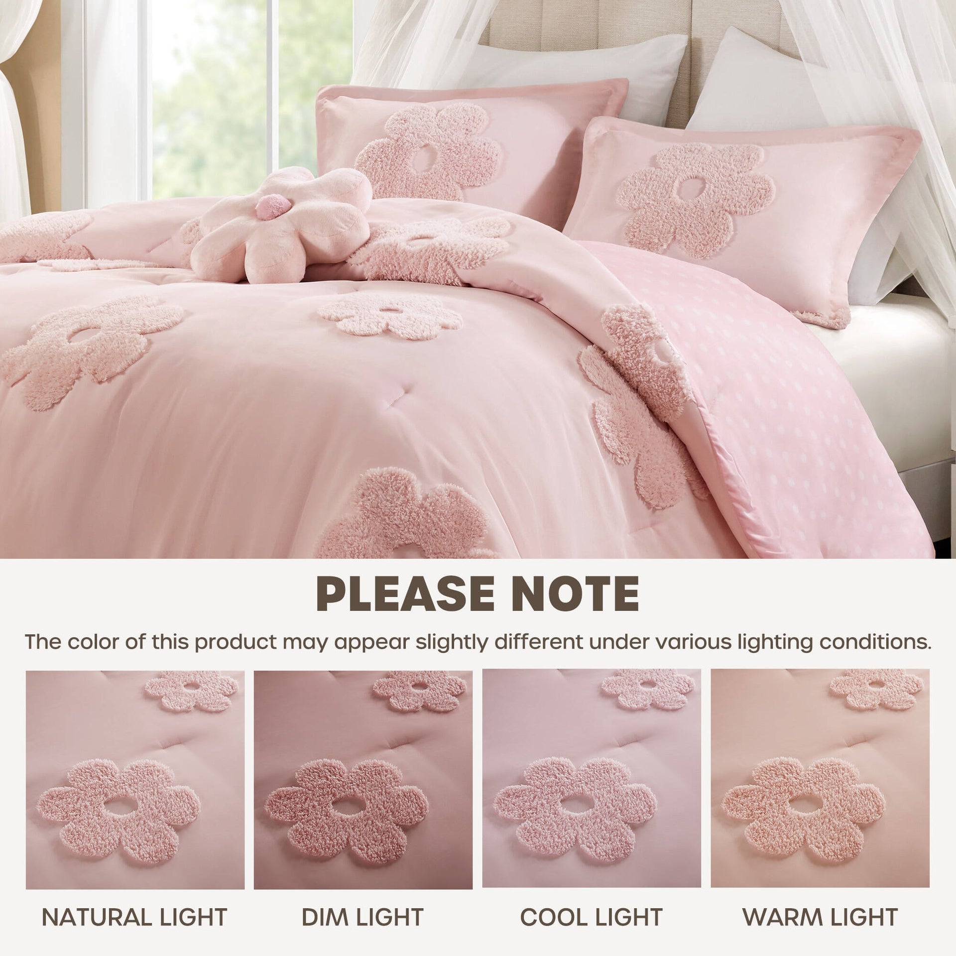 4-Piece Full/Queen Floral Reversible Tufted Chenille Comforter Set with Flower Throw Pillow,Pink