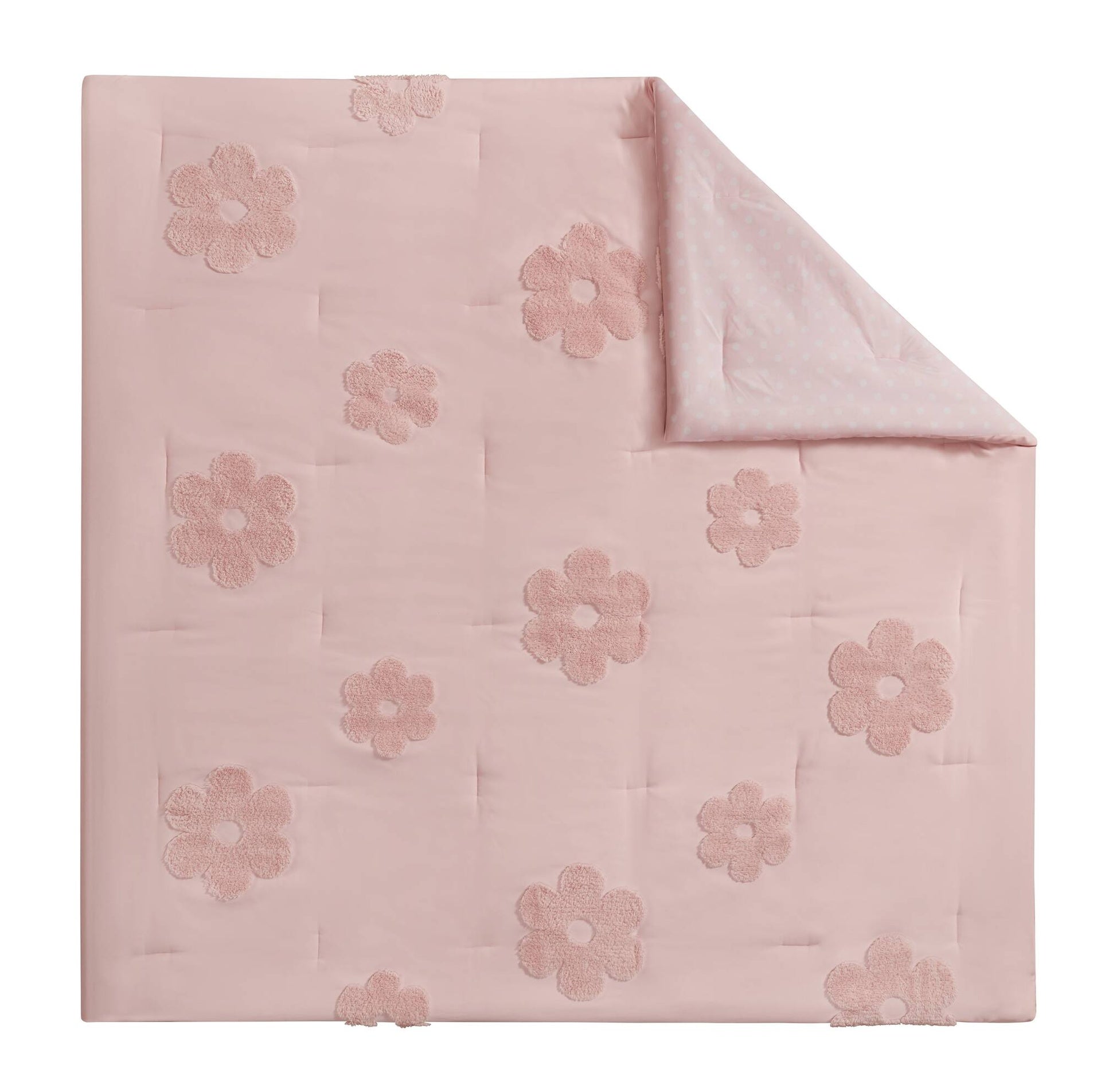 4-Piece Full/Queen Floral Reversible Tufted Chenille Comforter Set with Flower Throw Pillow,Pink