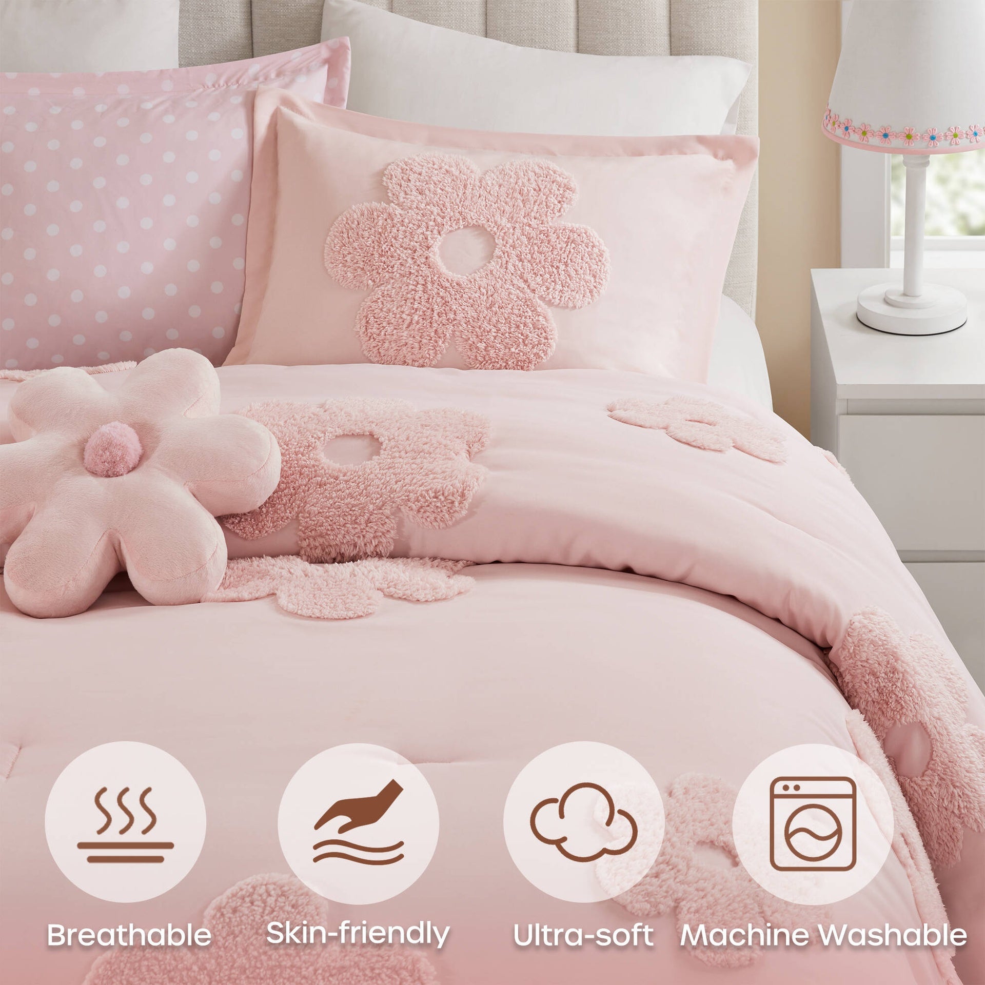 4-Piece Full/Queen Floral Reversible Tufted Chenille Comforter Set with Flower Throw Pillow,Pink