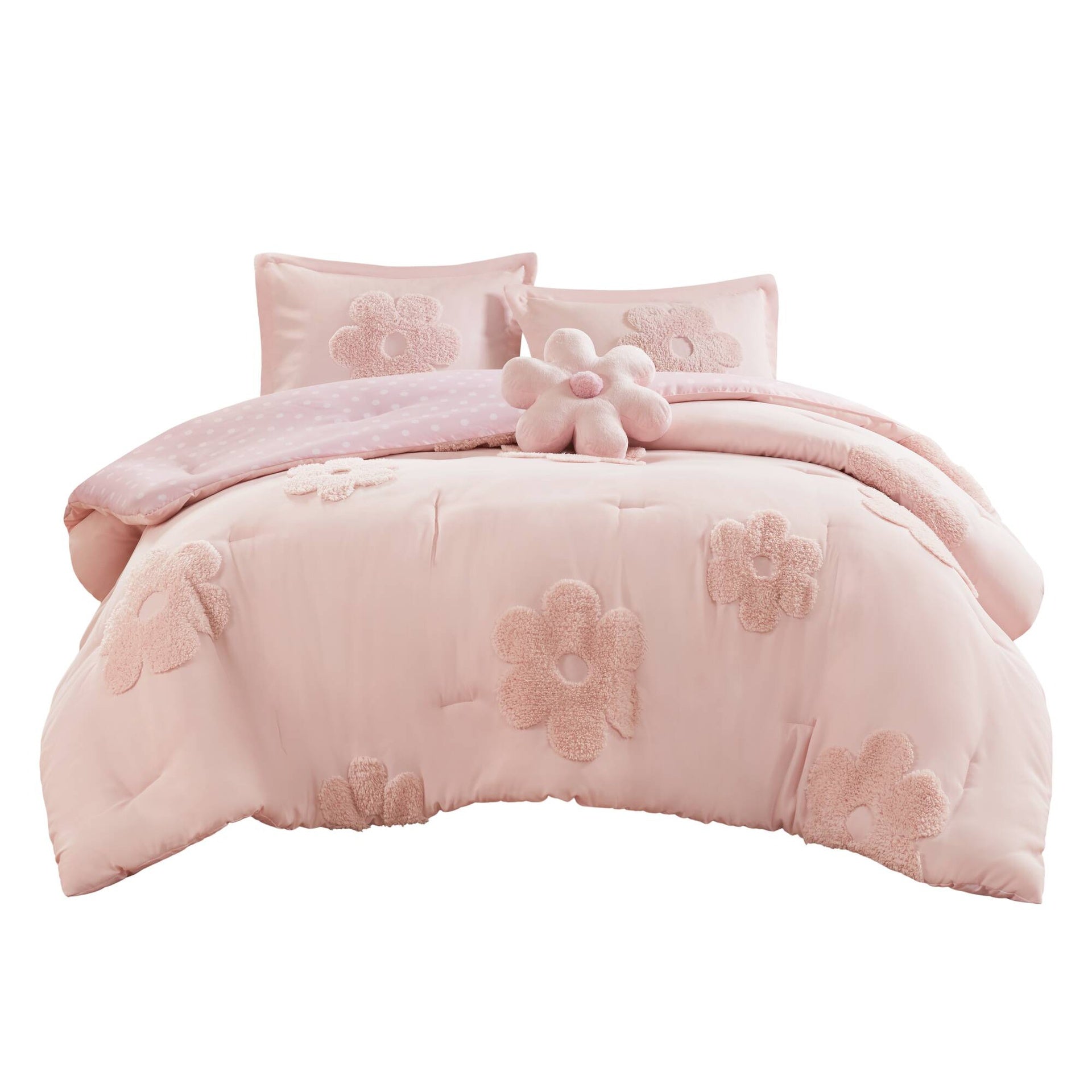 4-Piece Full/Queen Floral Reversible Tufted Chenille Comforter Set with Flower Throw Pillow,Pink